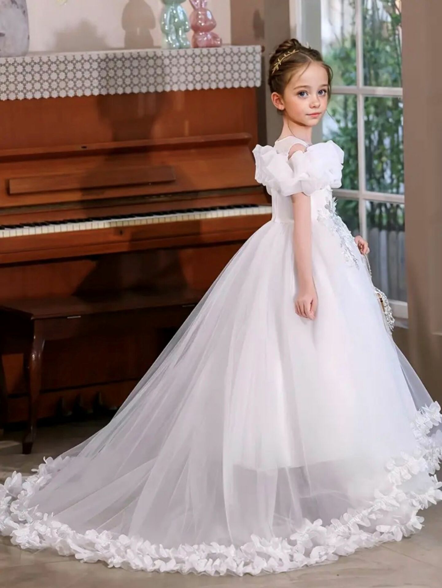 Lindsay Off-Shoulder Cathedral Train Ball Gown with Ruffle Sleeves White | Lucys