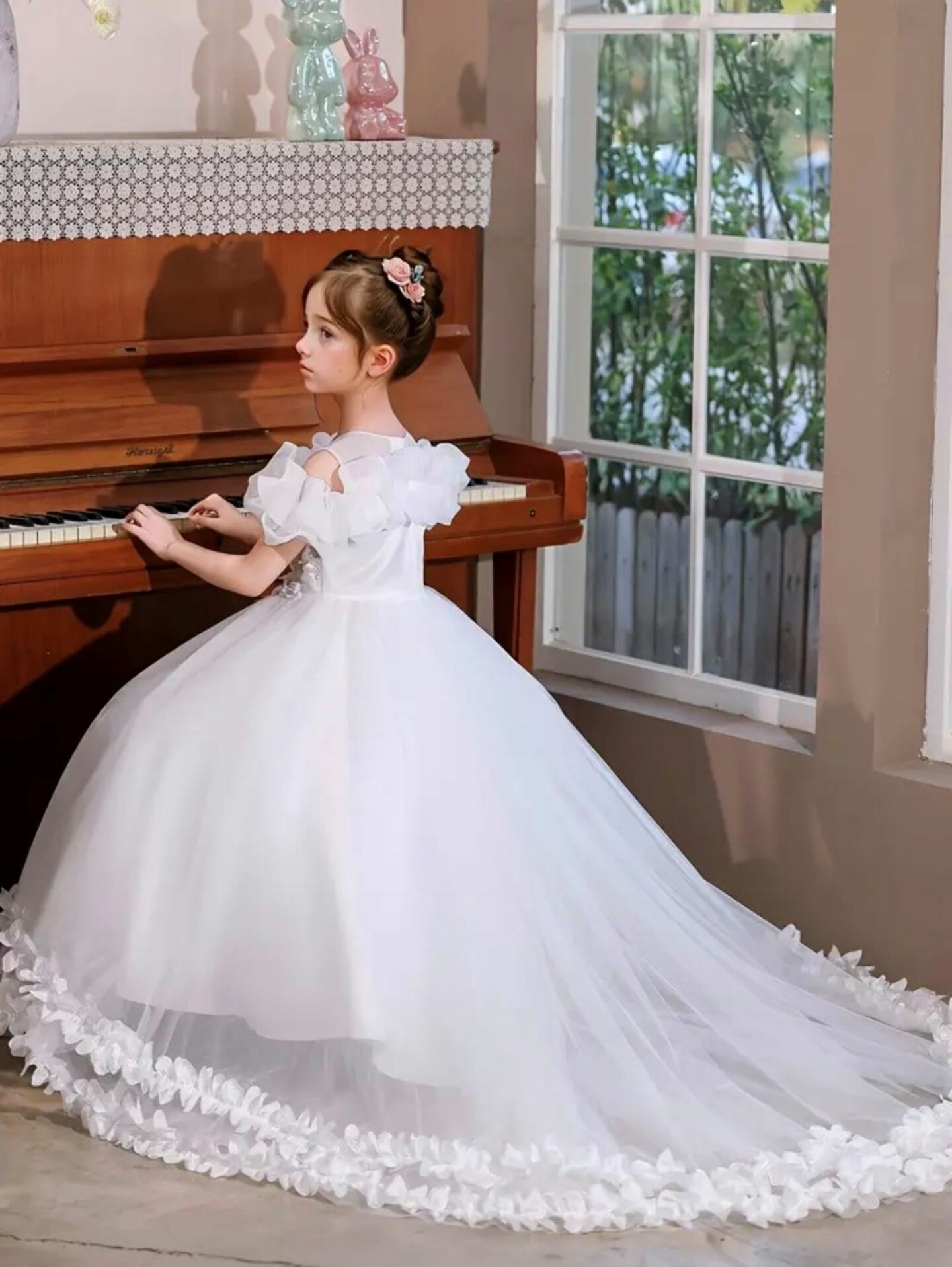 Lindsay Off-Shoulder Cathedral Train Ball Gown with Ruffle Sleeves White | Lucys