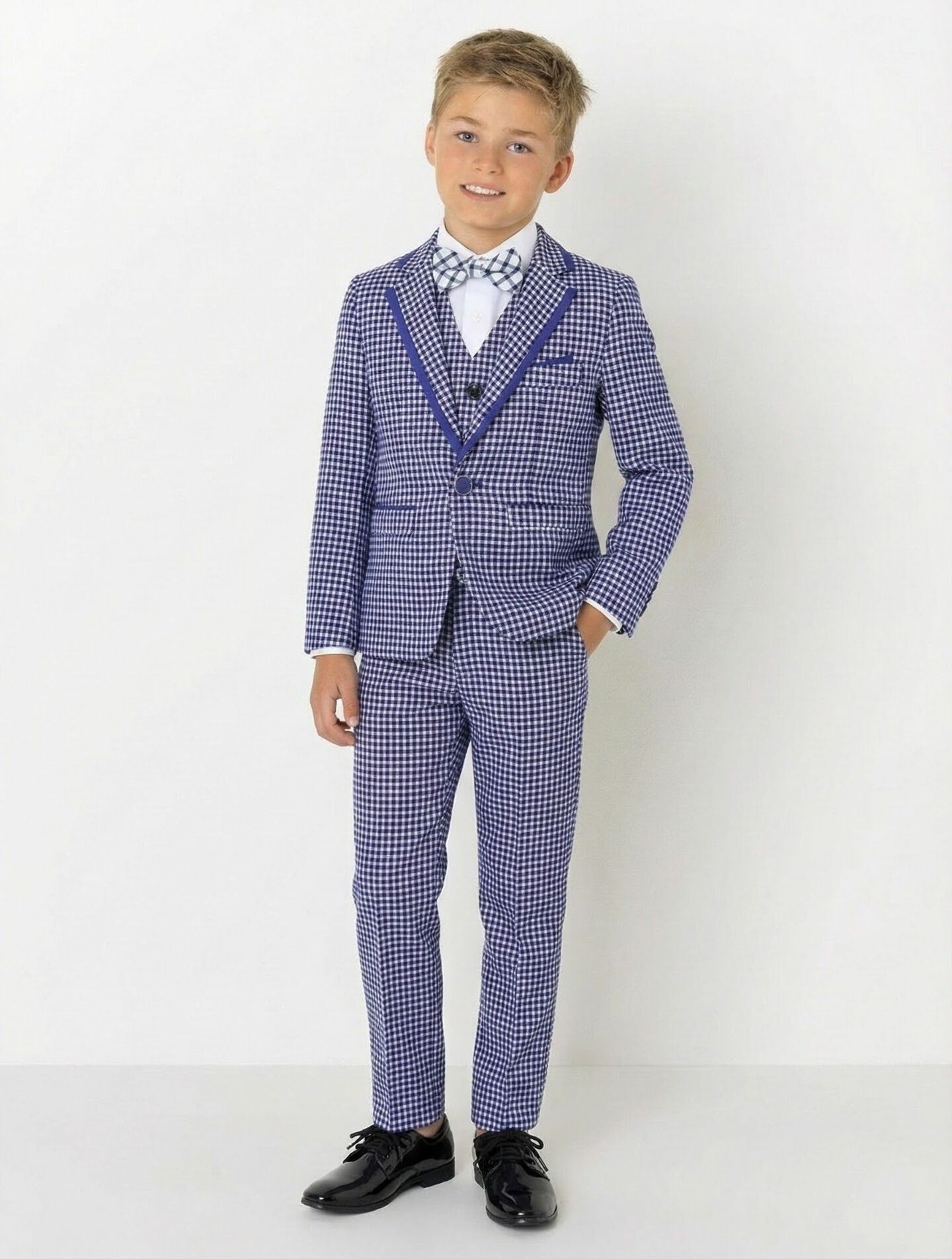 Roger Blue Gingham Check 3-Piece Suit with Royal Blue Contrast Trim Jacket Waistcoat & Trousers | Lucys