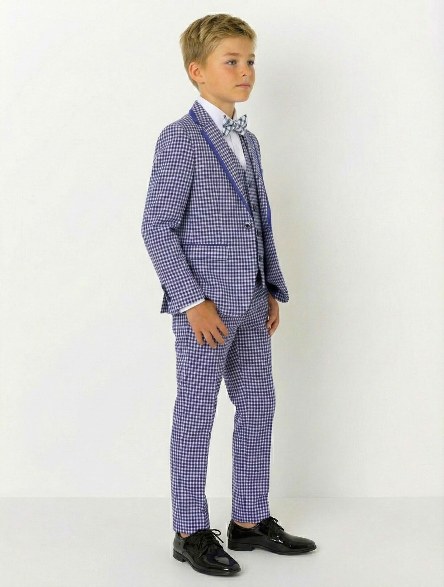 Roger Blue Gingham Check 3-Piece Suit with Royal Blue Contrast Trim Jacket Waistcoat & Trousers | Lucys