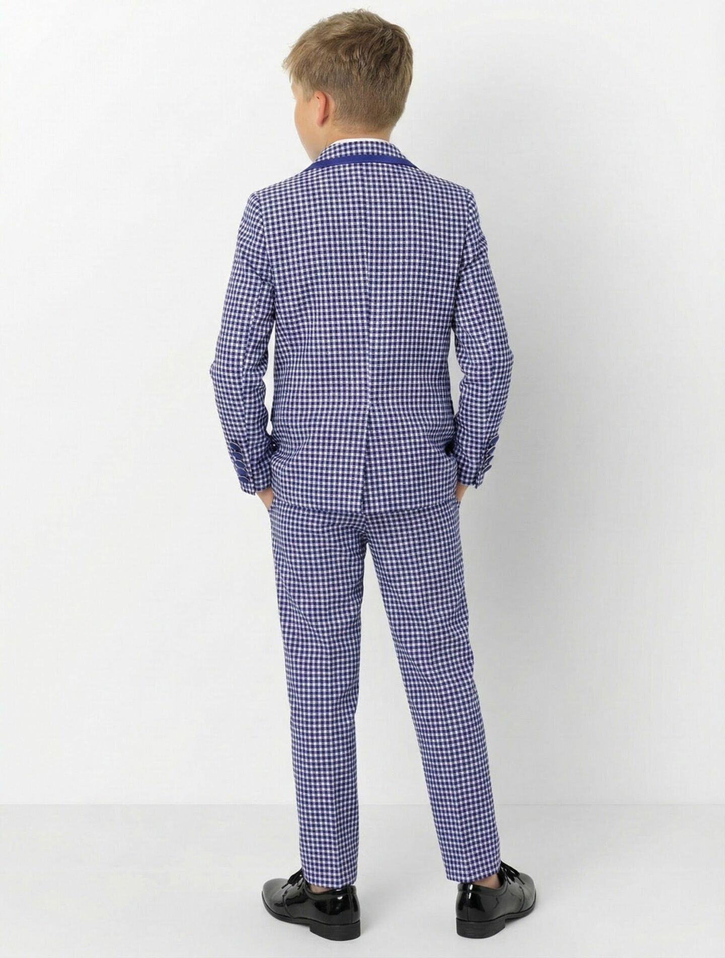 Roger Blue Gingham Check 3-Piece Suit with Royal Blue Contrast Trim Jacket Waistcoat & Trousers | Lucys