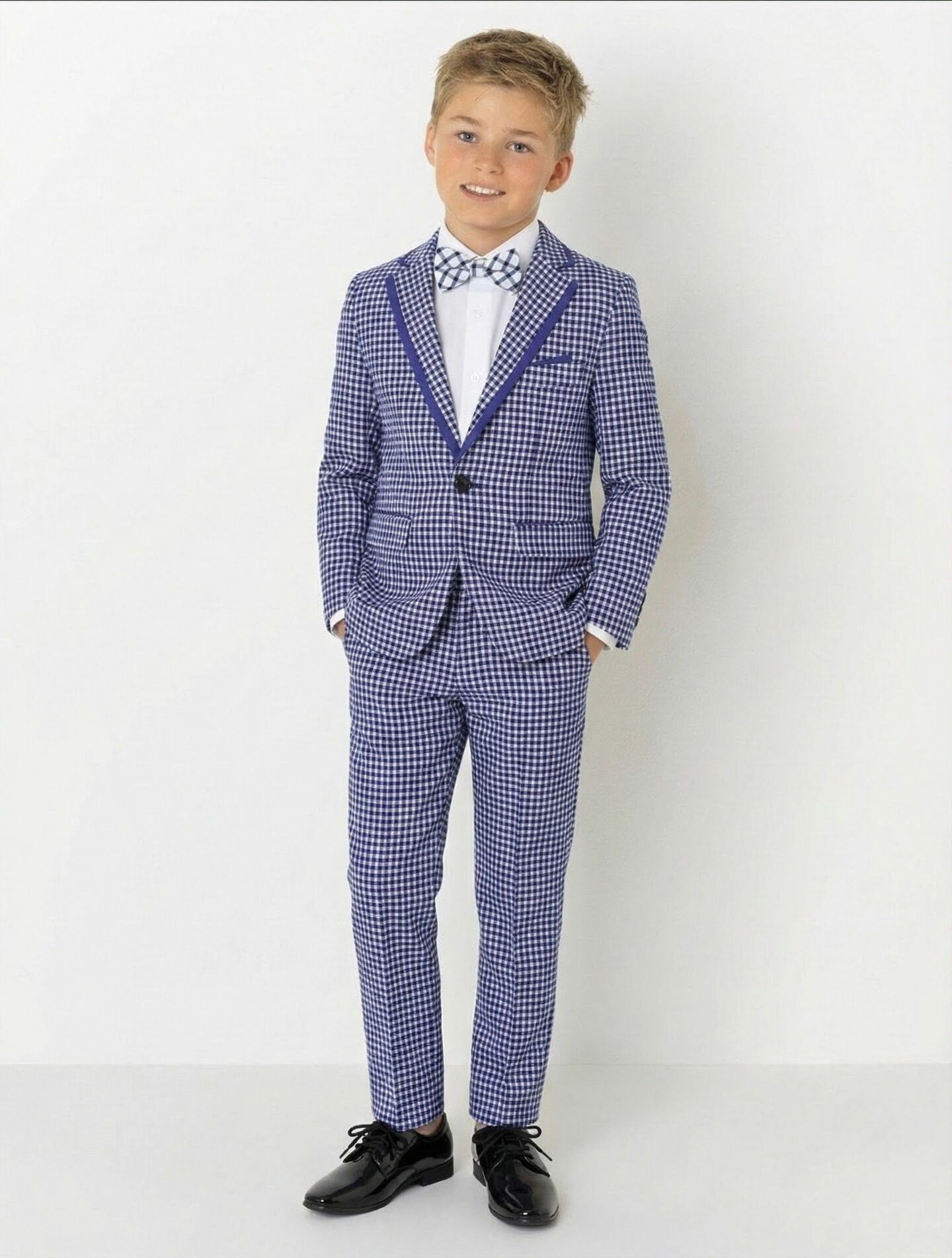 Roger Blue Gingham Check 2-Piece Suit with Royal Blue Lapels Jacket & Trousers | Lucys