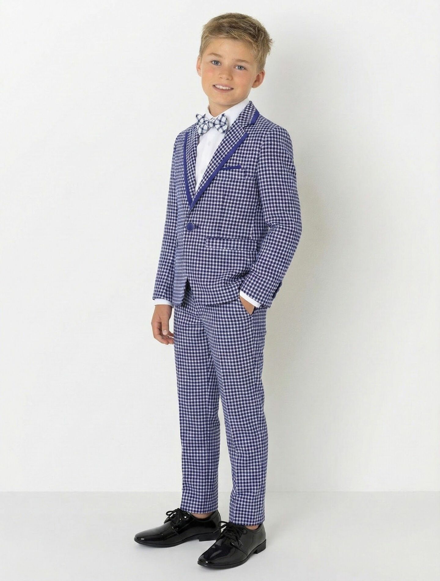 Roger Blue Gingham Check 2-Piece Suit with Royal Blue Lapels Jacket & Trousers | Lucys