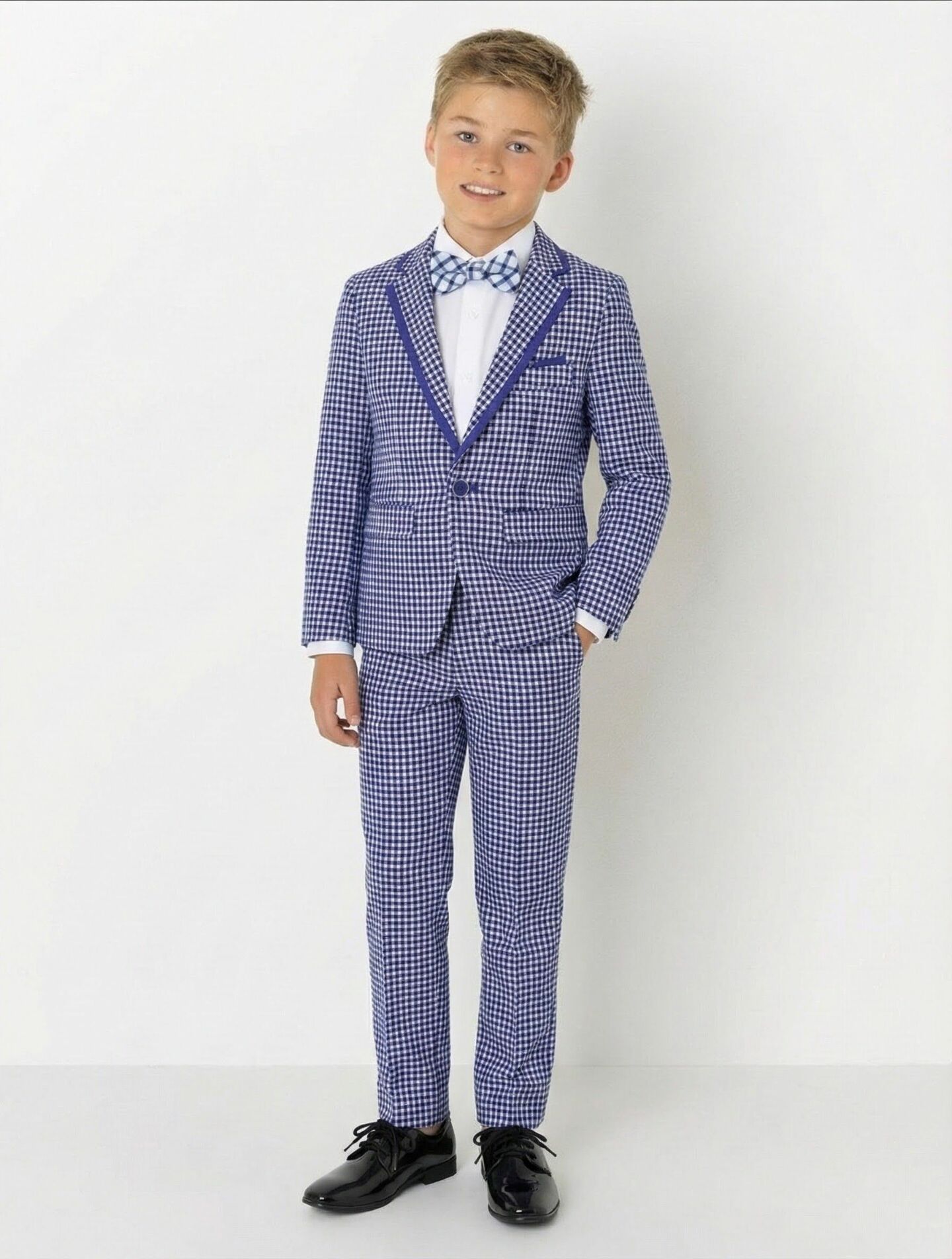 Roger Blue Gingham Check 2-Piece Suit with Royal Blue Lapels Jacket & Trousers | Lucys