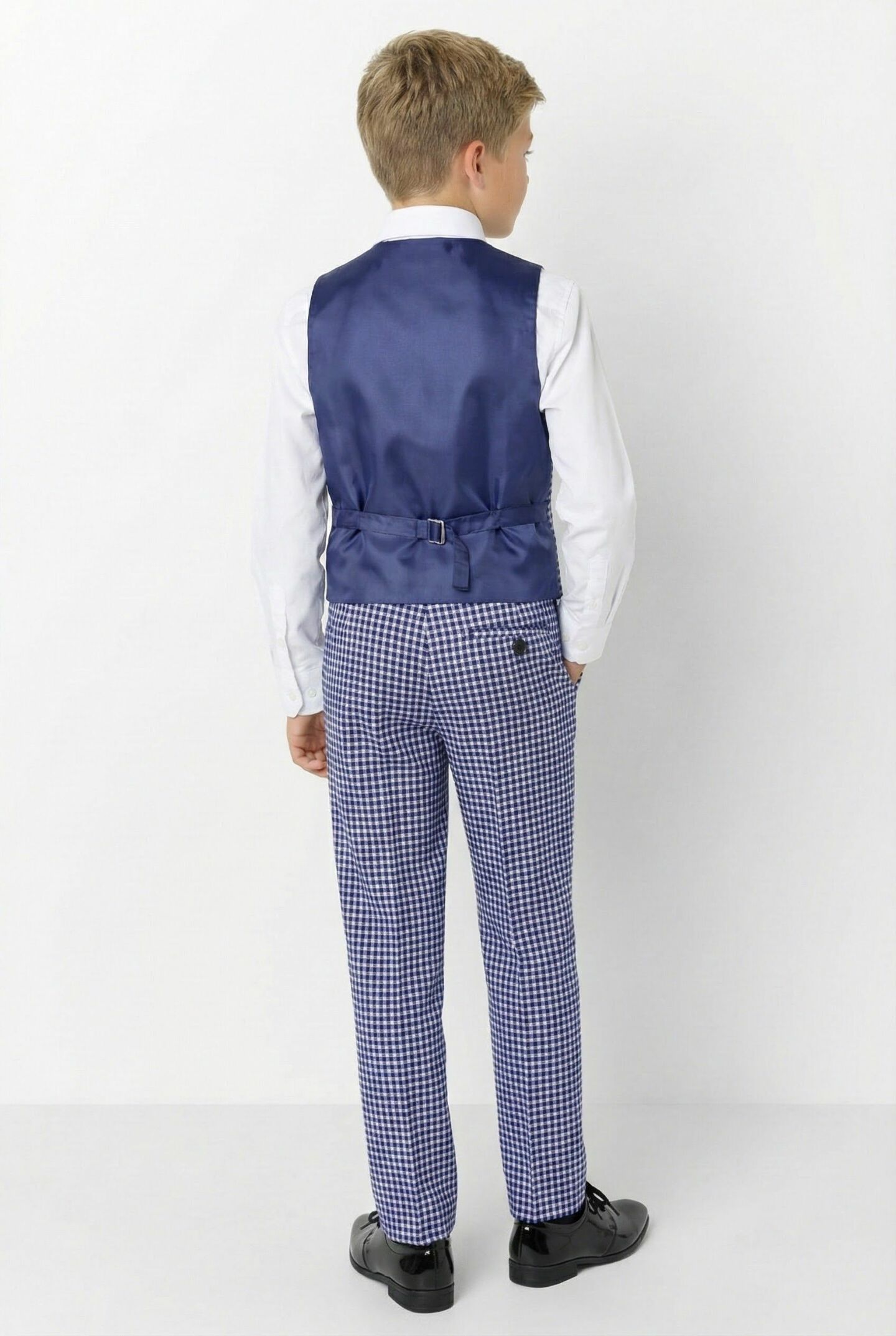 Roger Blue Gingham V-neck Boys Waistcoat | Lucys