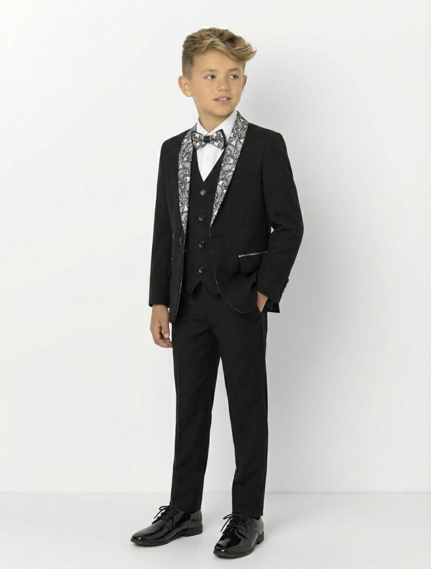 Thompson Black Boys 3-Piece Suit with Silver Paisley Trim Jacket, Waistcoat & Trousers | Lucys