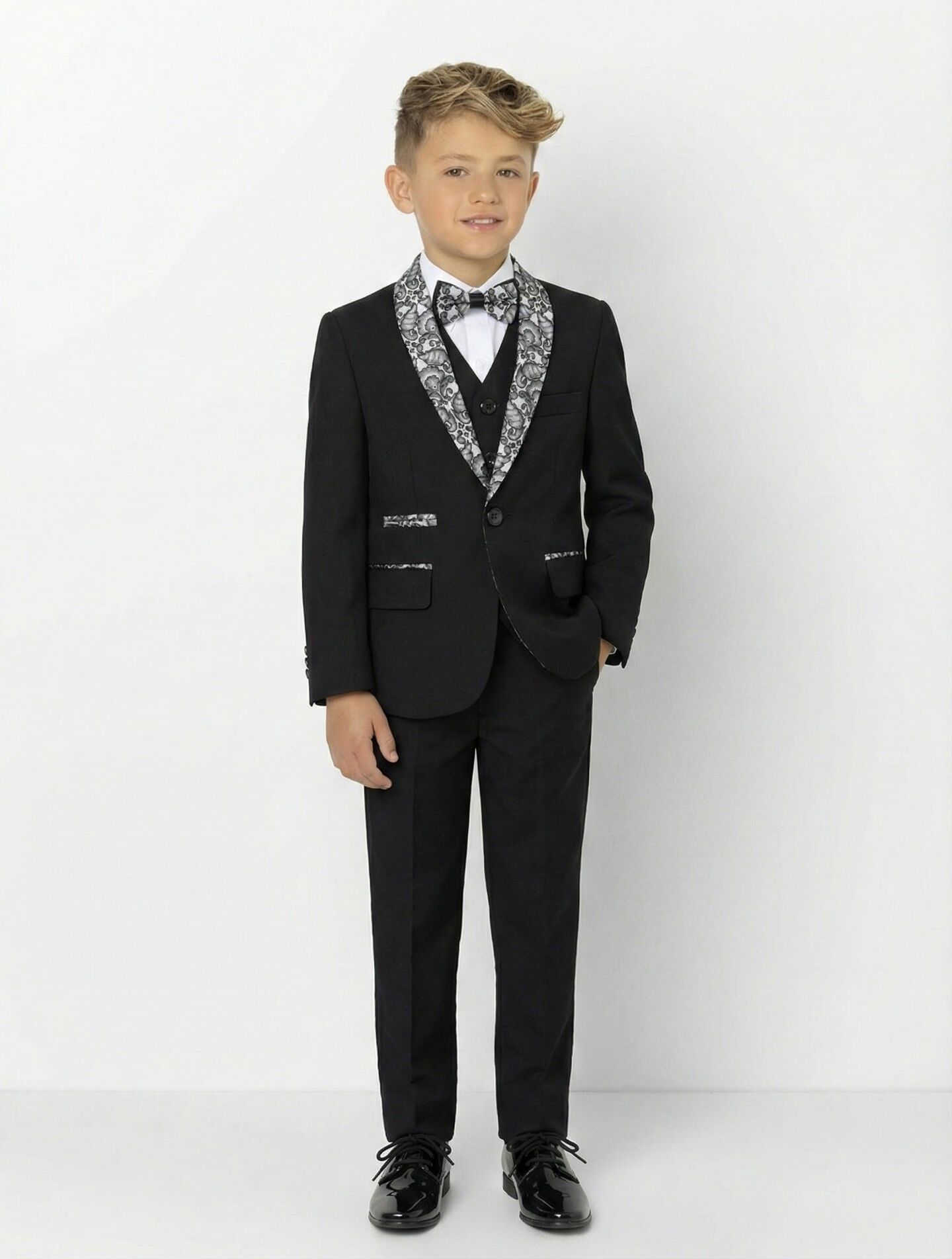 Thompson Black Boys 3-Piece Suit with Silver Paisley Trim Jacket, Waistcoat & Trousers | Lucys