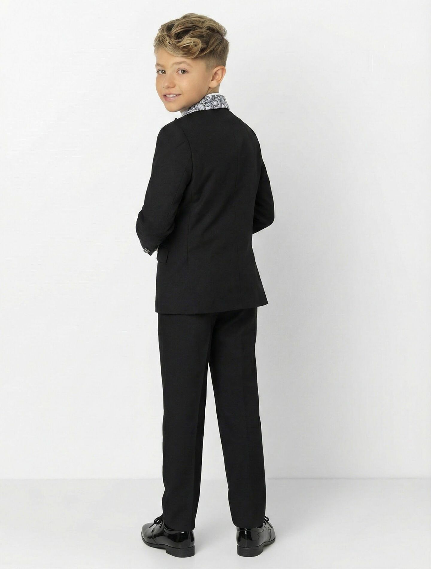 Thompson Black Boys Formal Blazer with Grey Paisley Lapels | Lucys