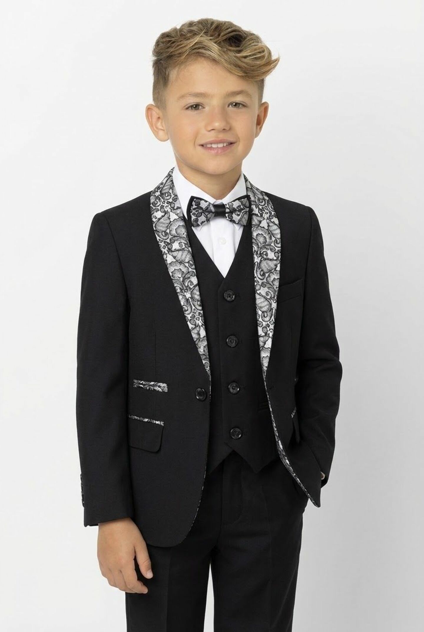 Thompson Black Boys 3-Piece Suit with Silver Paisley Trim Jacket, Waistcoat & Trousers | Lucys