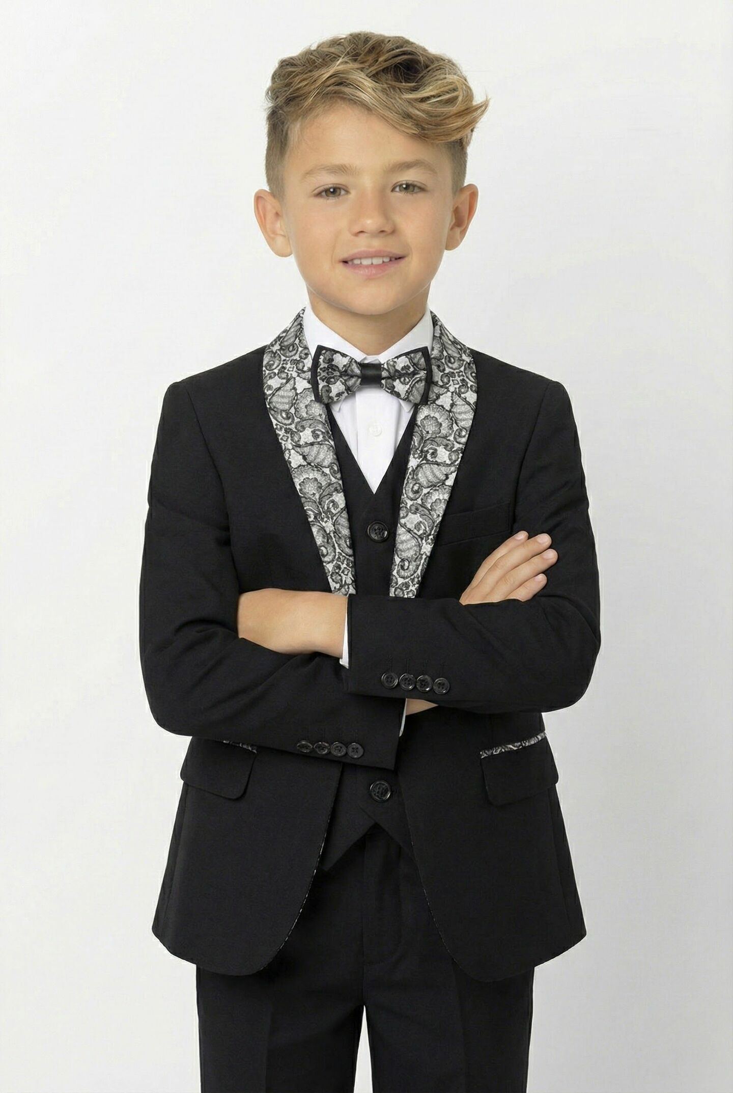 Thompson Black Boys 3-Piece Suit with Silver Paisley Trim Jacket, Waistcoat & Trousers | Lucys