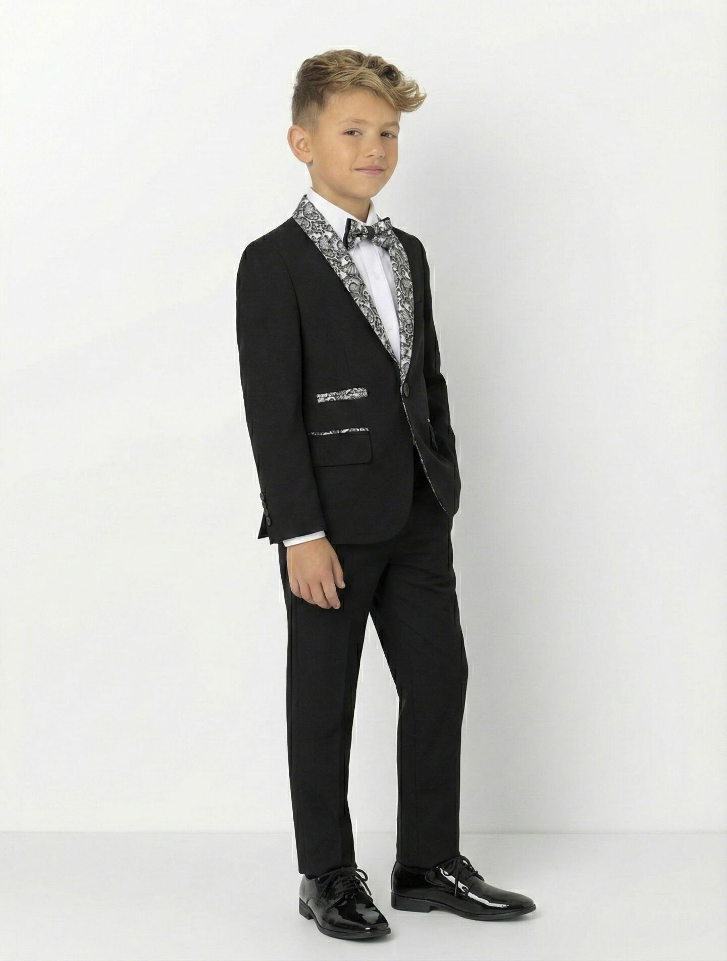 Thompson Black Boys 2-Piece Suit with Silver Paisley Lapels Jacket & Trousers | Lucys