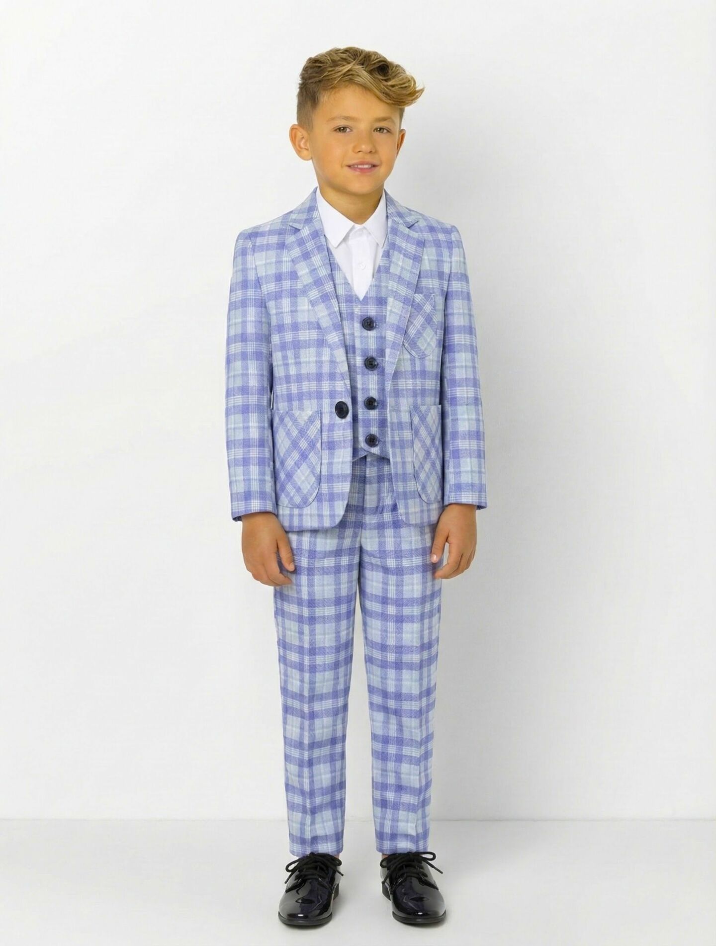 Harry Light Blue Lavender Plaid Boys 3-Piece Suit with Elbow Patches – Jacket, Waistcoat & Trousers | Lucy's