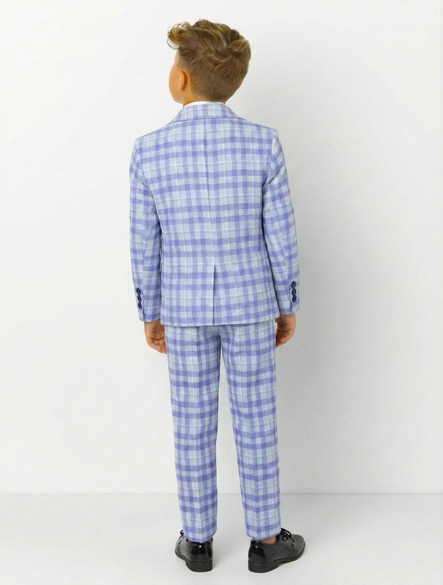 Harry Light Blue Lavender Plaid Boys Formal Blazer with Elbow Patches | Lucys