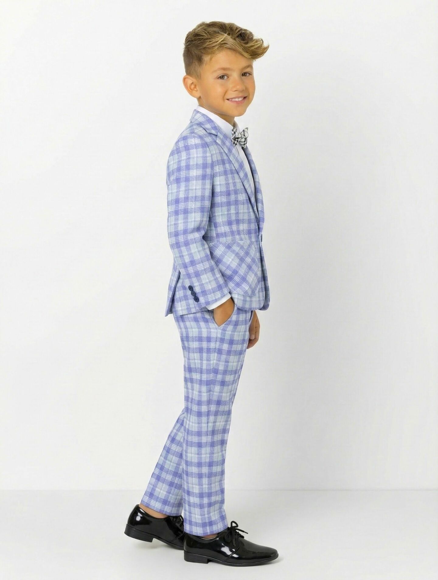 Harry Light Blue Lavender Plaid Boys Formal Blazer with Elbow Patches | Lucys