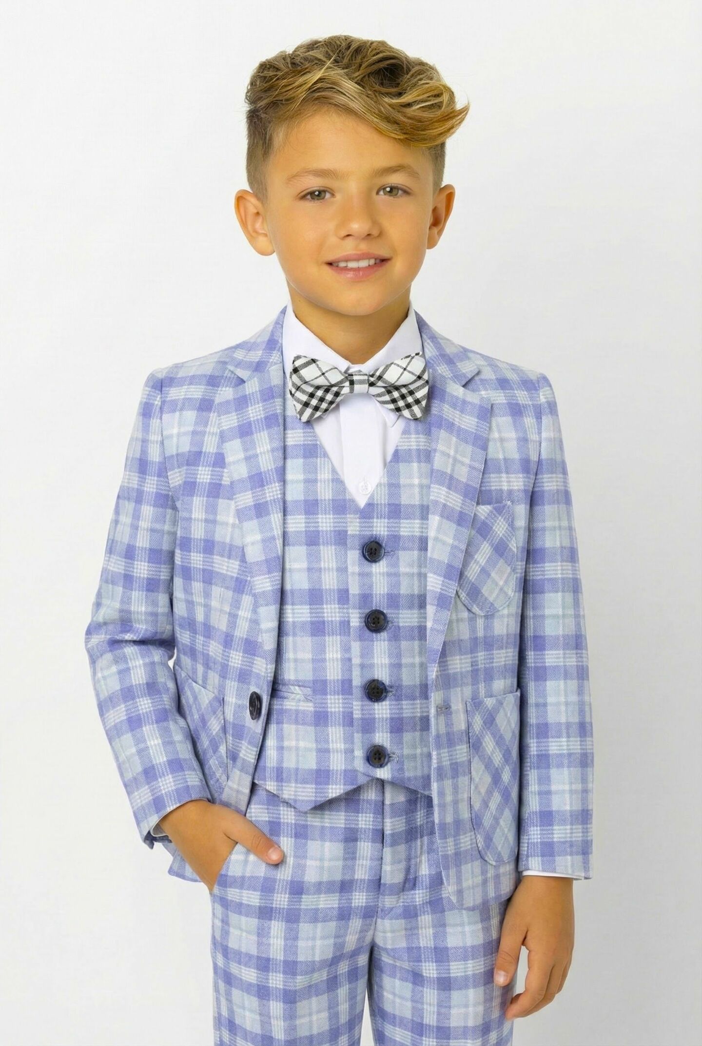 Harry Light Blue Lavender Plaid Boys 3-Piece Suit with Elbow Patches – Jacket, Waistcoat & Trousers | Lucy's