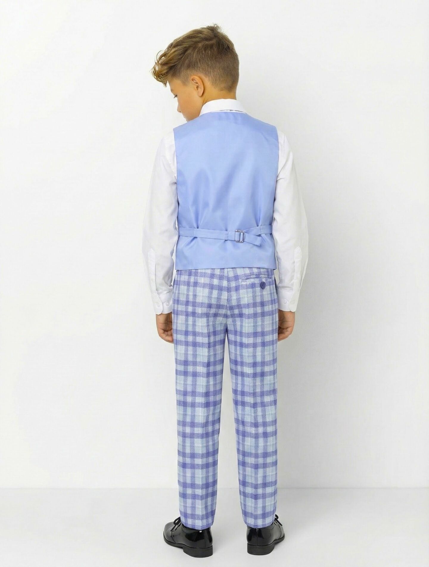 Harry Blue Lavender Plaid Boys Formal V-Neck Waistcoat | Lucy's