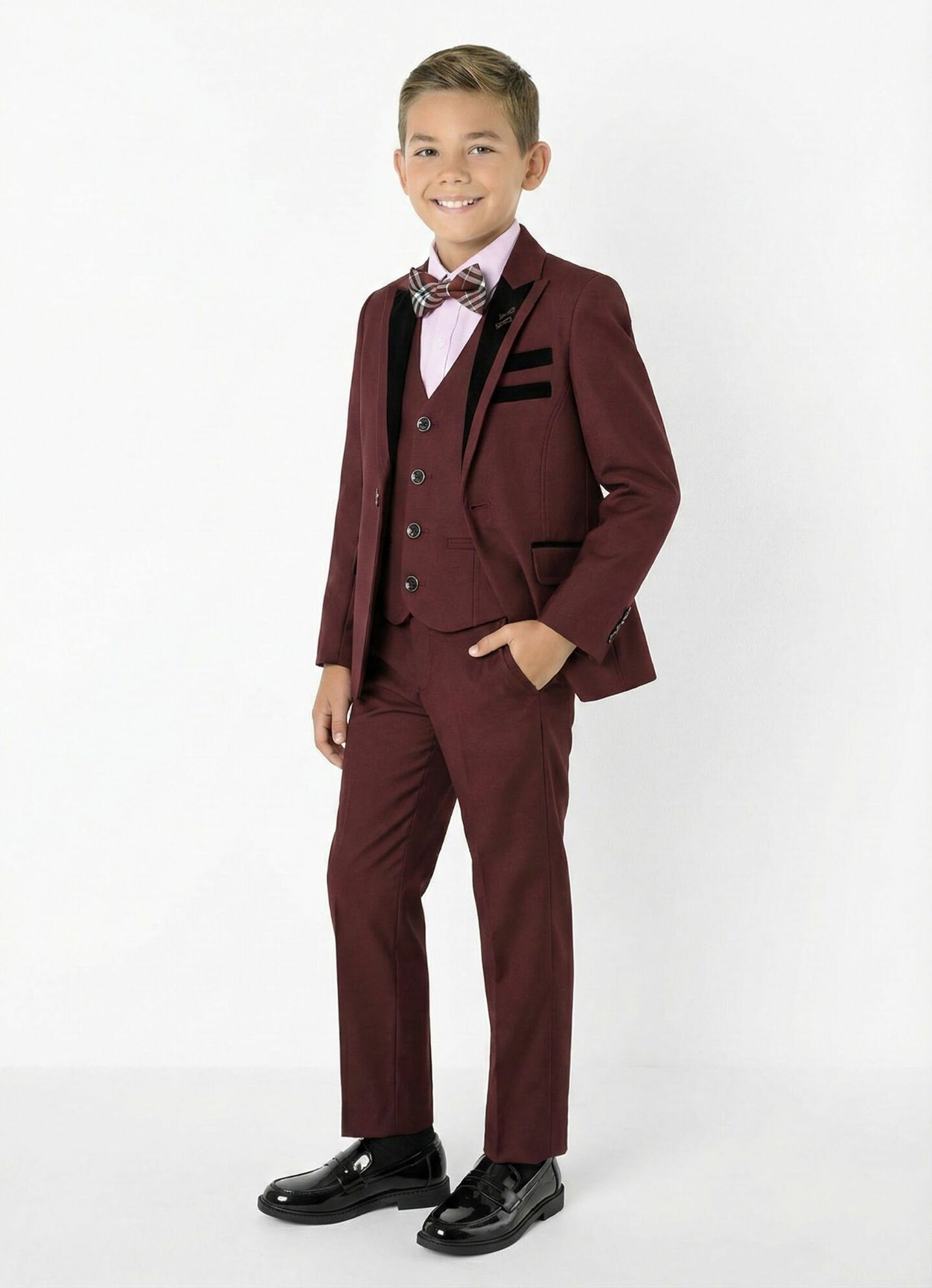Monte Carlo Maroon Boys 3-Piece Suit with Black Velvet Trim – Jacket, Waistcoat & Trousers | Lucys