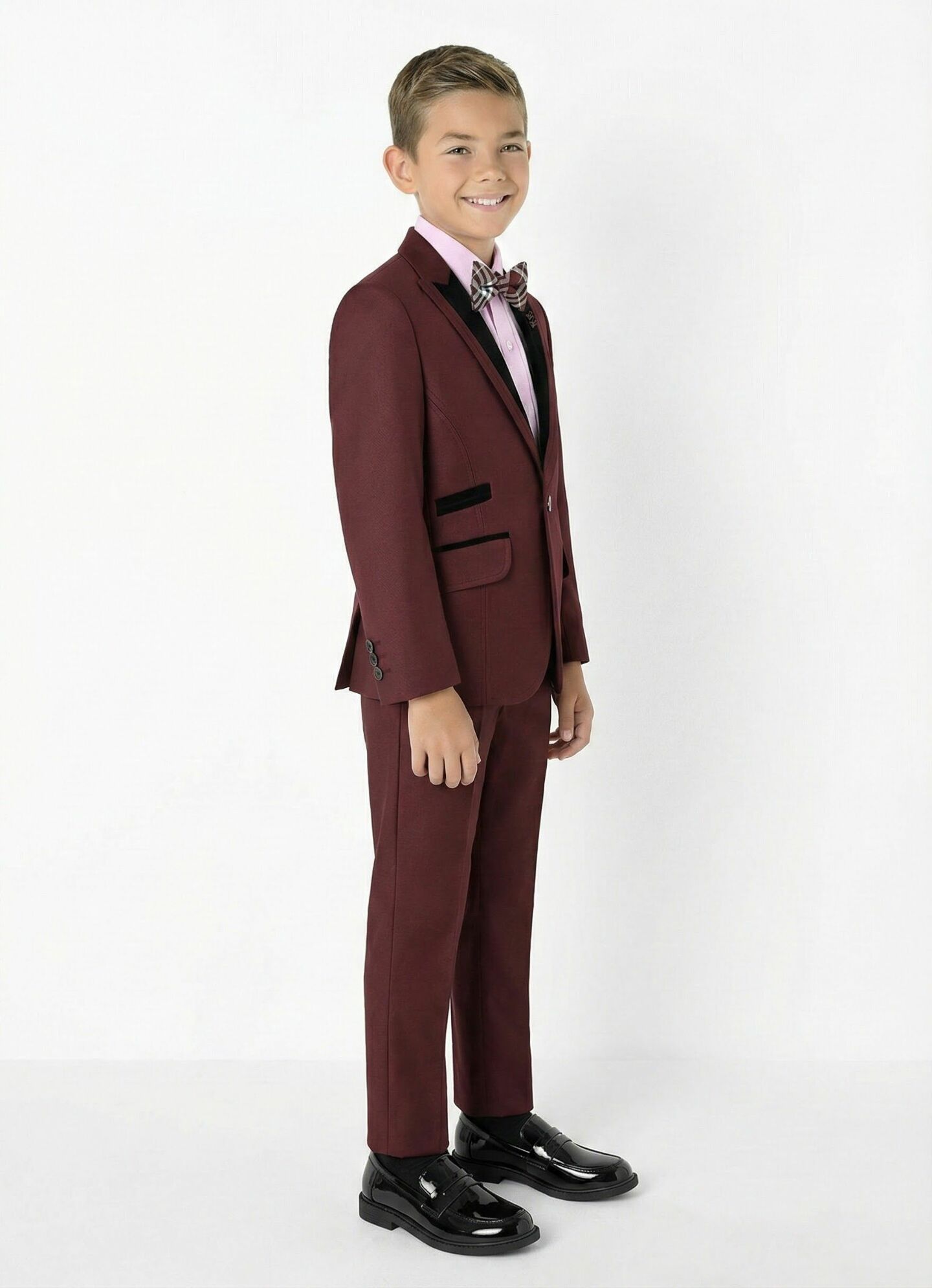 Monte Carlo Maroon Boys 3-Piece Suit with Black Velvet Trim – Jacket, Waistcoat & Trousers | Lucys