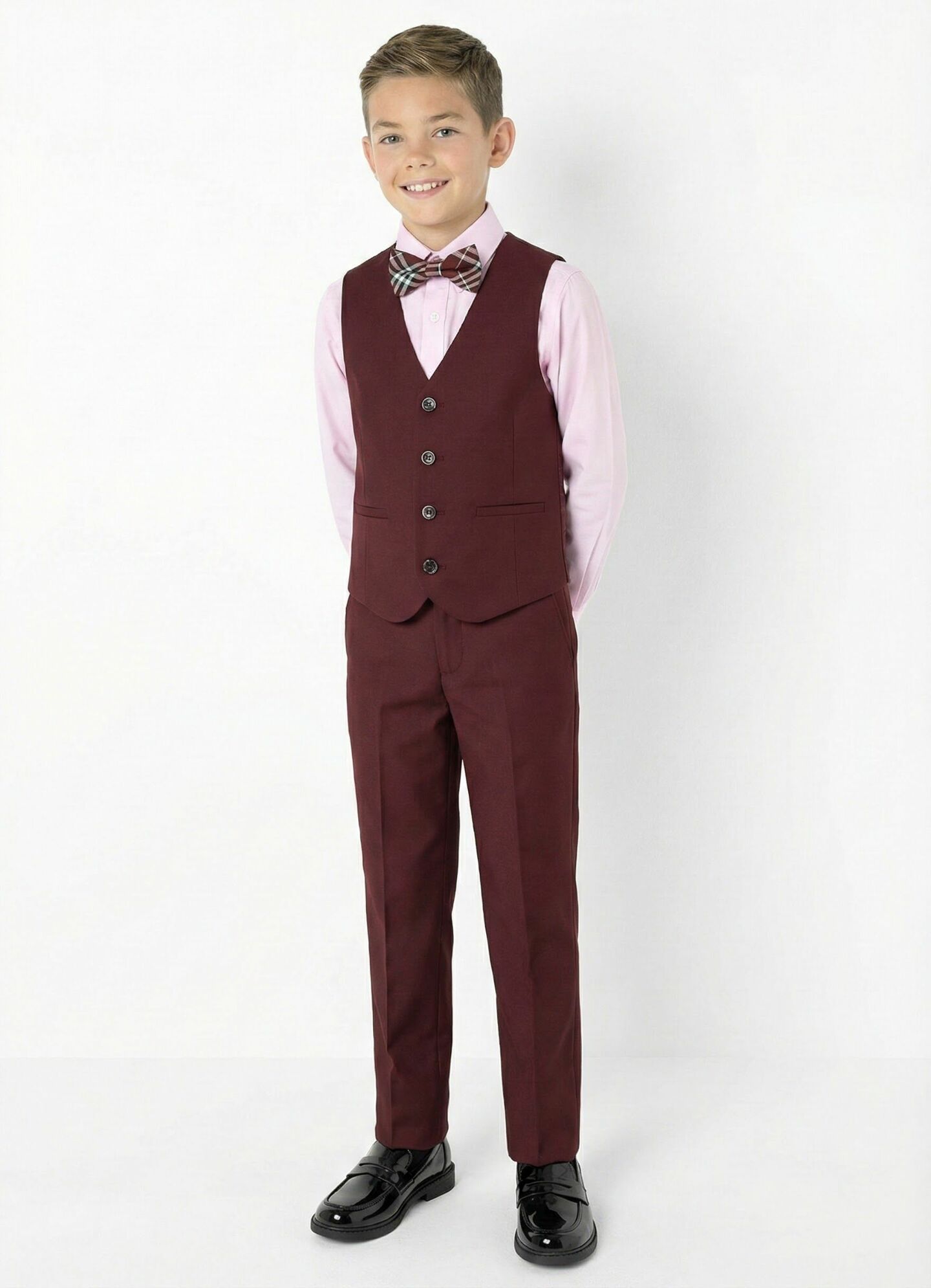 Monte Carlo Maroon Boys 3-Piece Suit with Black Velvet Trim – Jacket, Waistcoat & Trousers | Lucys