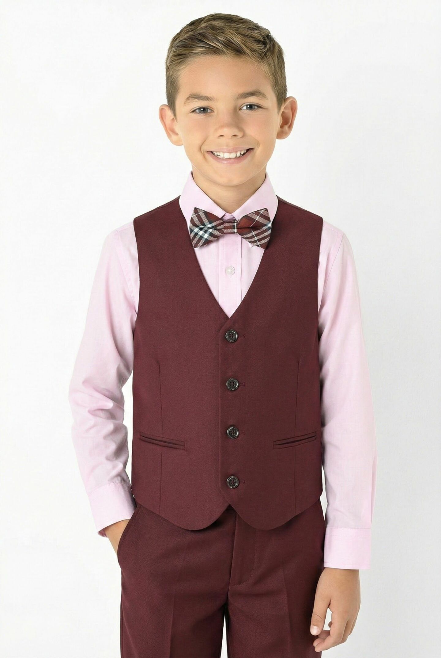 Monte Carlo Maroon Boys Waistcoat & Trousers 2-Piece Set with Velvet Trim | Lucys