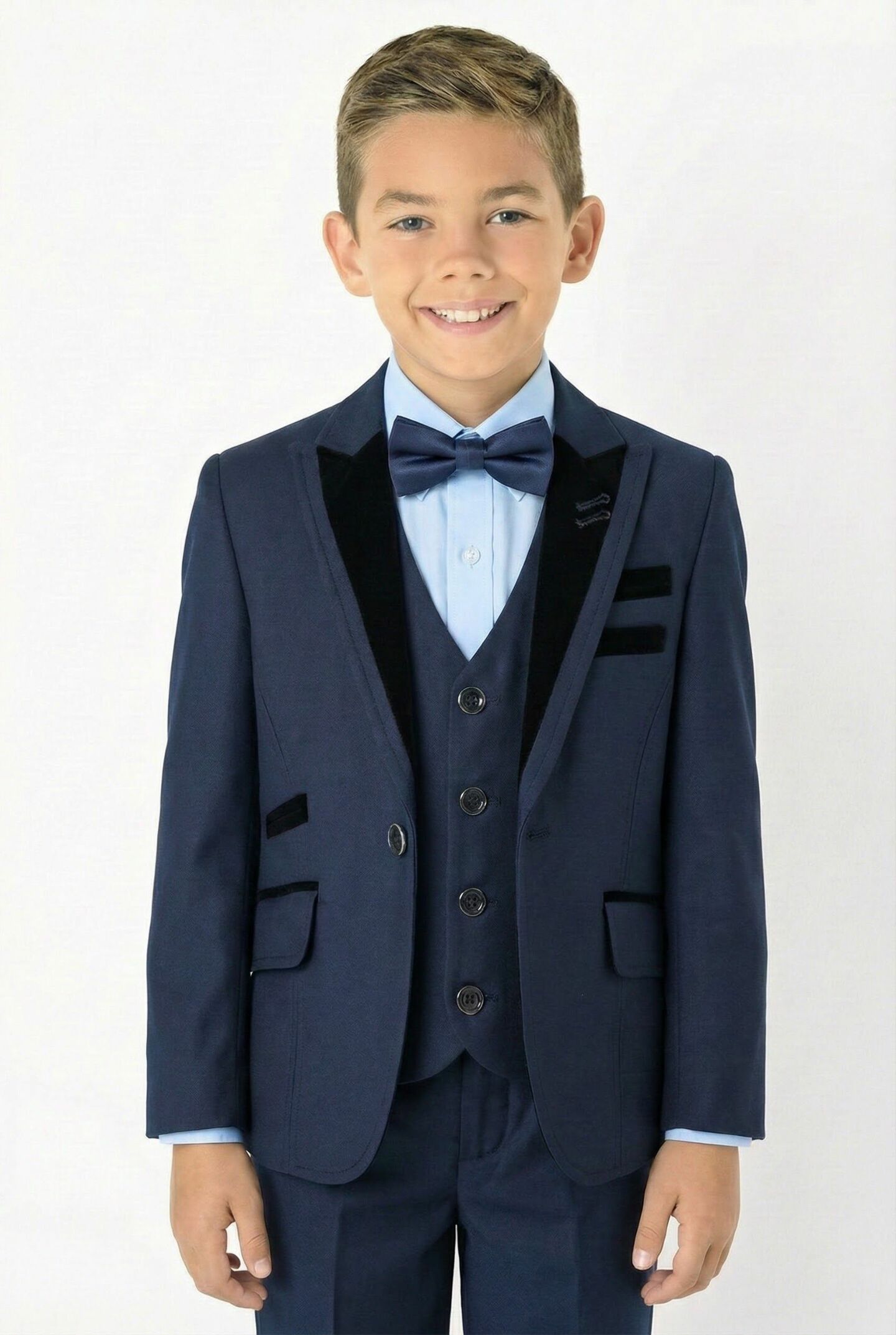 Monte Carlo Navy Boys 3-Piece Suit with Black Velvet Trim – Jacket, Waistcoat & Trousers | Lucys