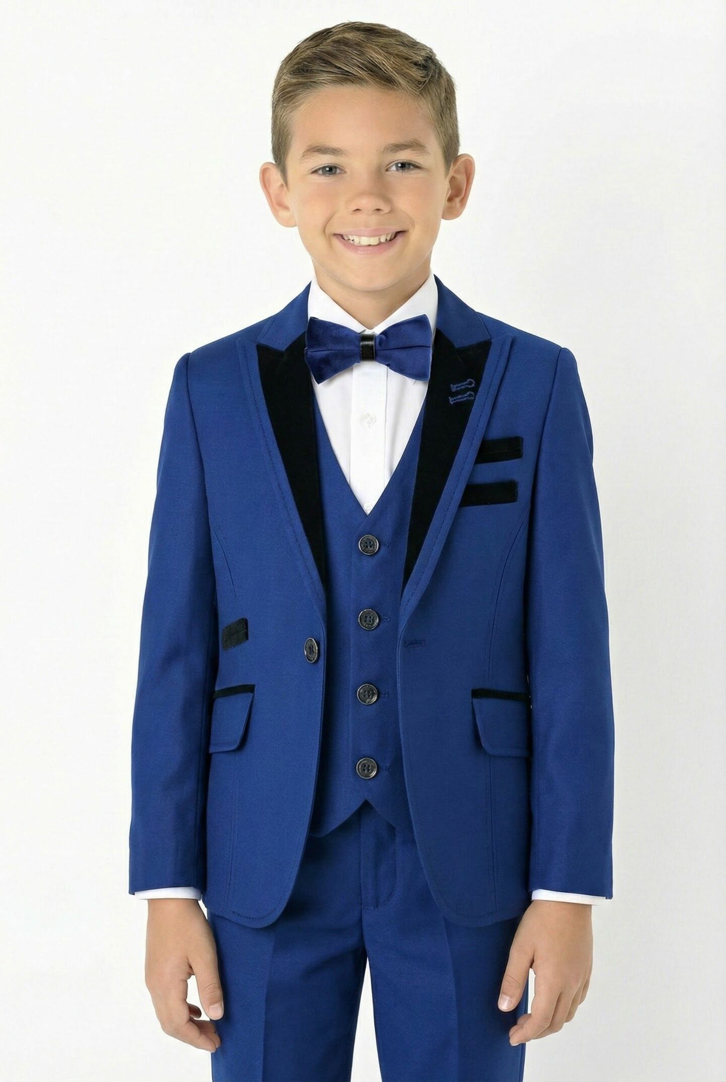 Monte Carlo Royal Blue Boys 3-Piece Suit with Black Velvet Trim – Jacket, Waistcoat & Trousers | Lucys