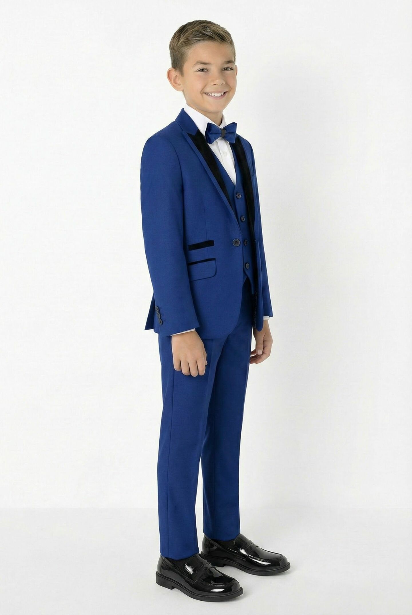 Monte Carlo Royal Blue Boys 3-Piece Suit with Black Velvet Trim – Jacket, Waistcoat & Trousers | Lucys