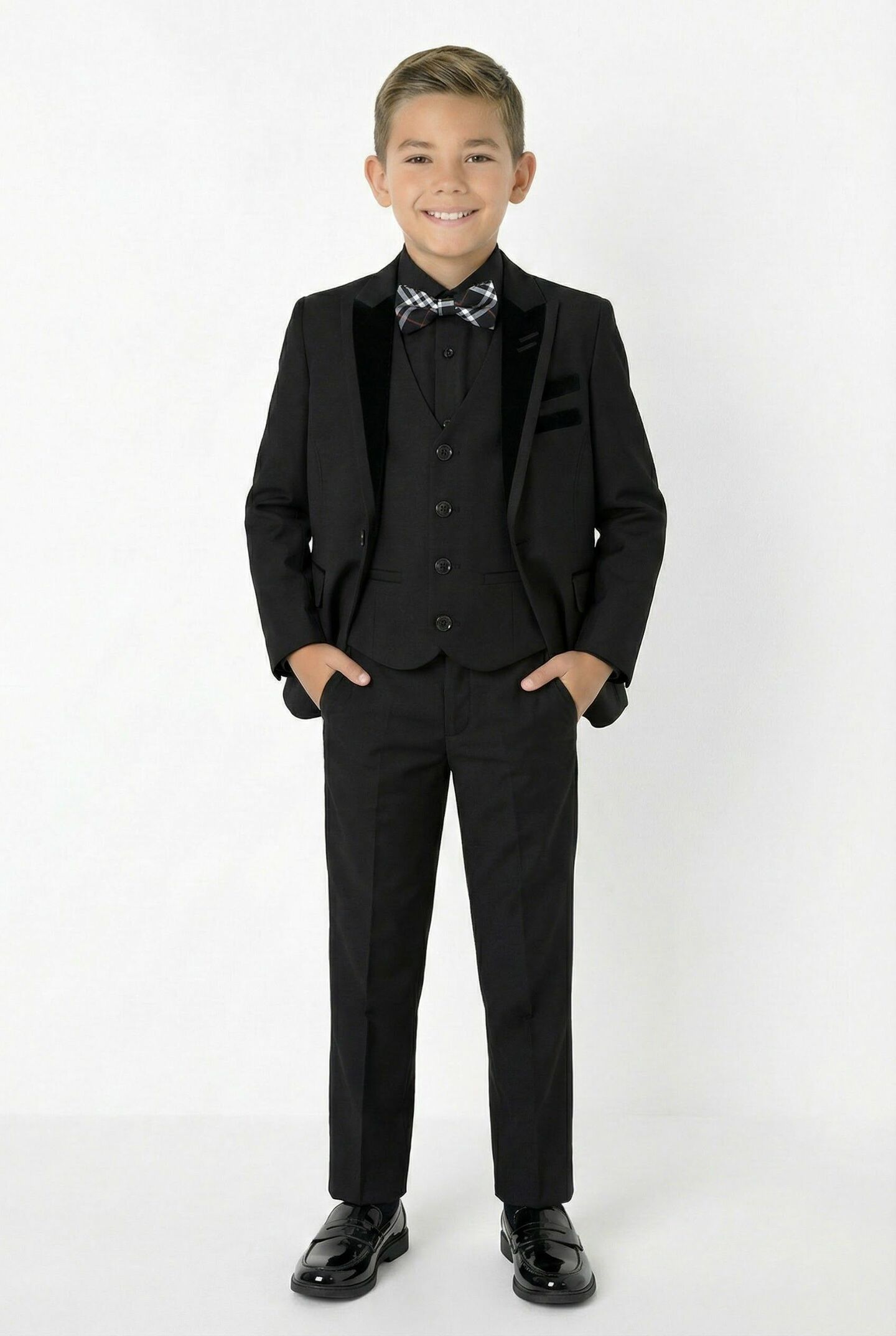 Monte Carlo Black Boys 3-Piece Suit with Black Velvet Trim – Jacket, Waistcoat & Trousers | Lucys