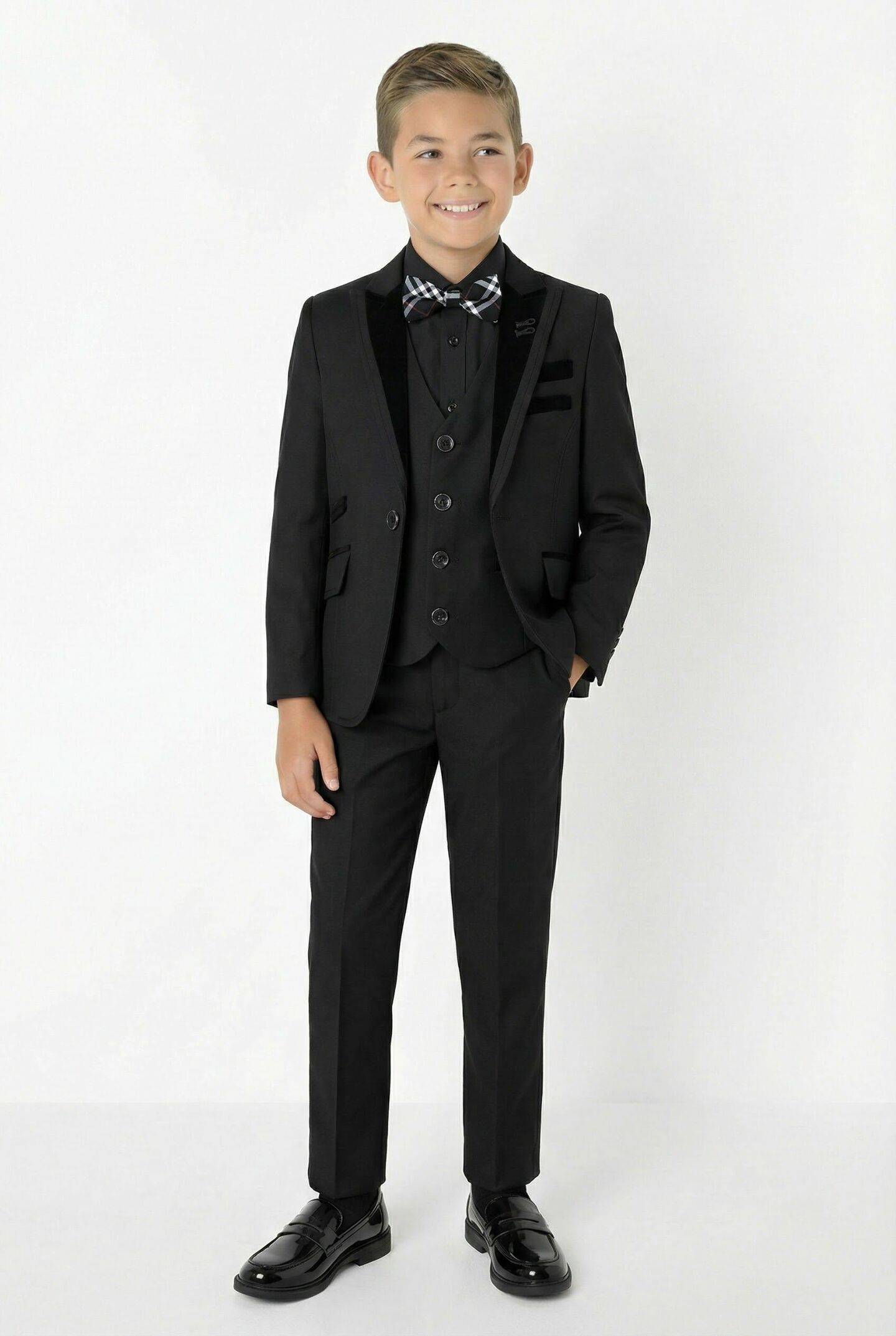 Monte Carlo Black Boys 3-Piece Suit with Black Velvet Trim – Jacket, Waistcoat & Trousers | Lucys