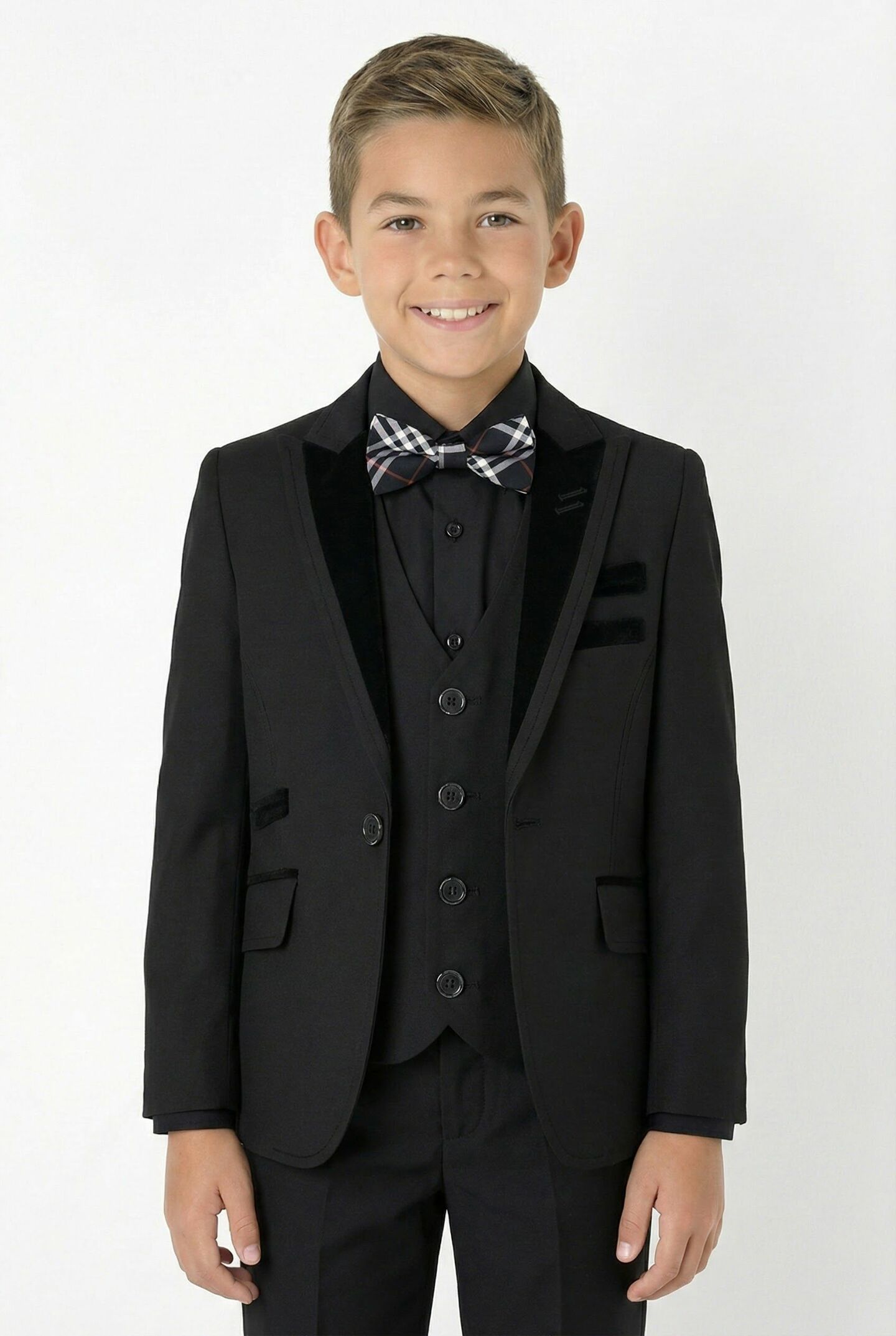 Monte Carlo Black Boys 3-Piece Suit with Black Velvet Trim – Jacket, Waistcoat & Trousers | Lucys