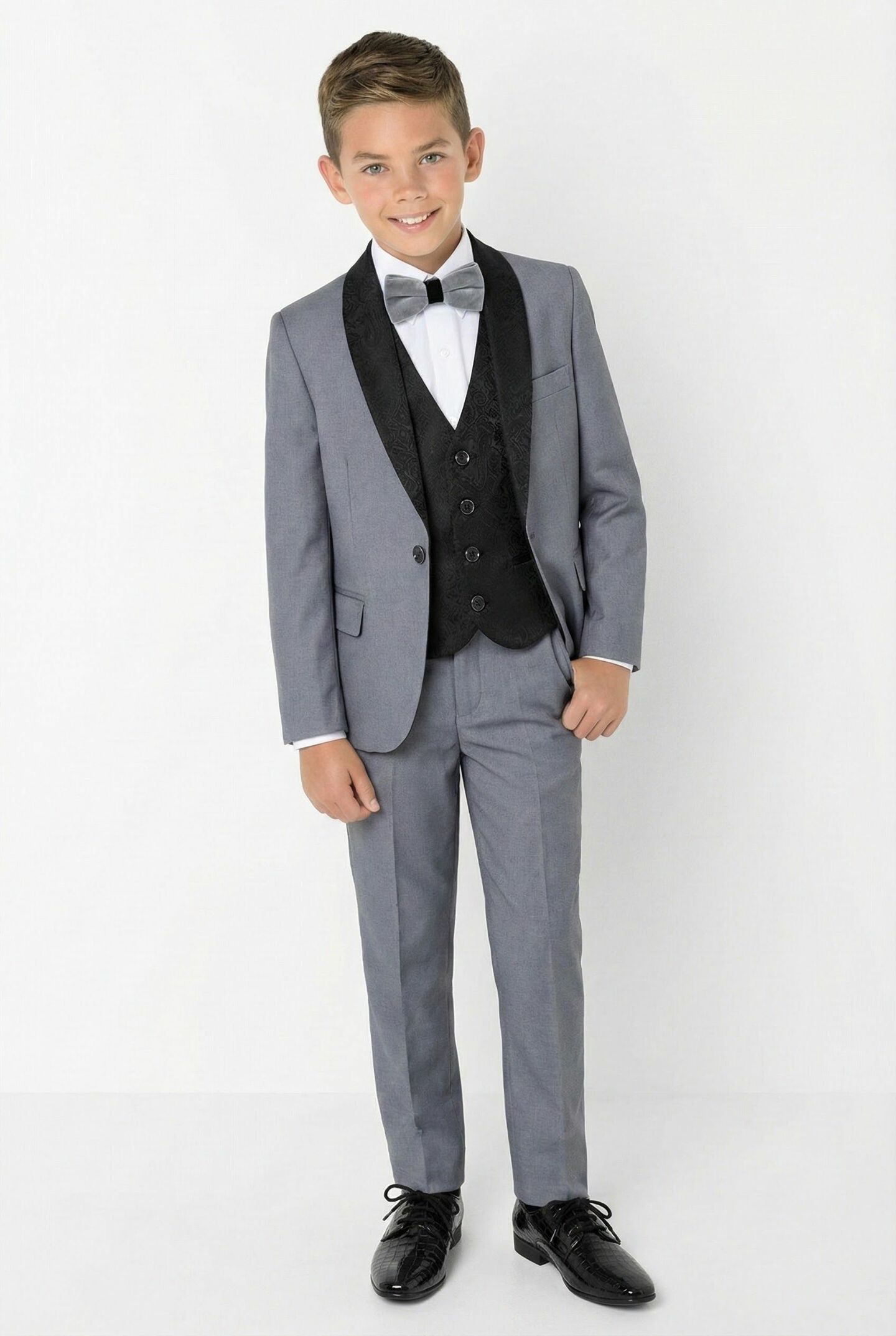 Ricardo Grey Boys 3-Piece Tuxedo Suit with Black Paisley Shawl Lapel & Waistcoat | Lucy's