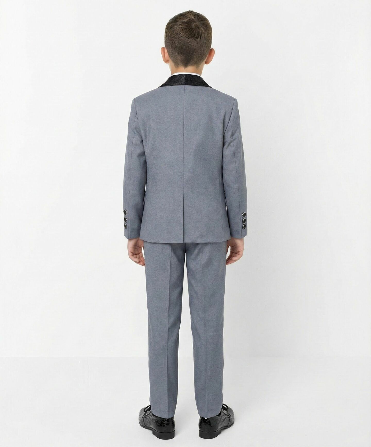 Ricardo Grey Boys 3-Piece Tuxedo Suit with Black Paisley Shawl Lapel & Waistcoat | Lucy's