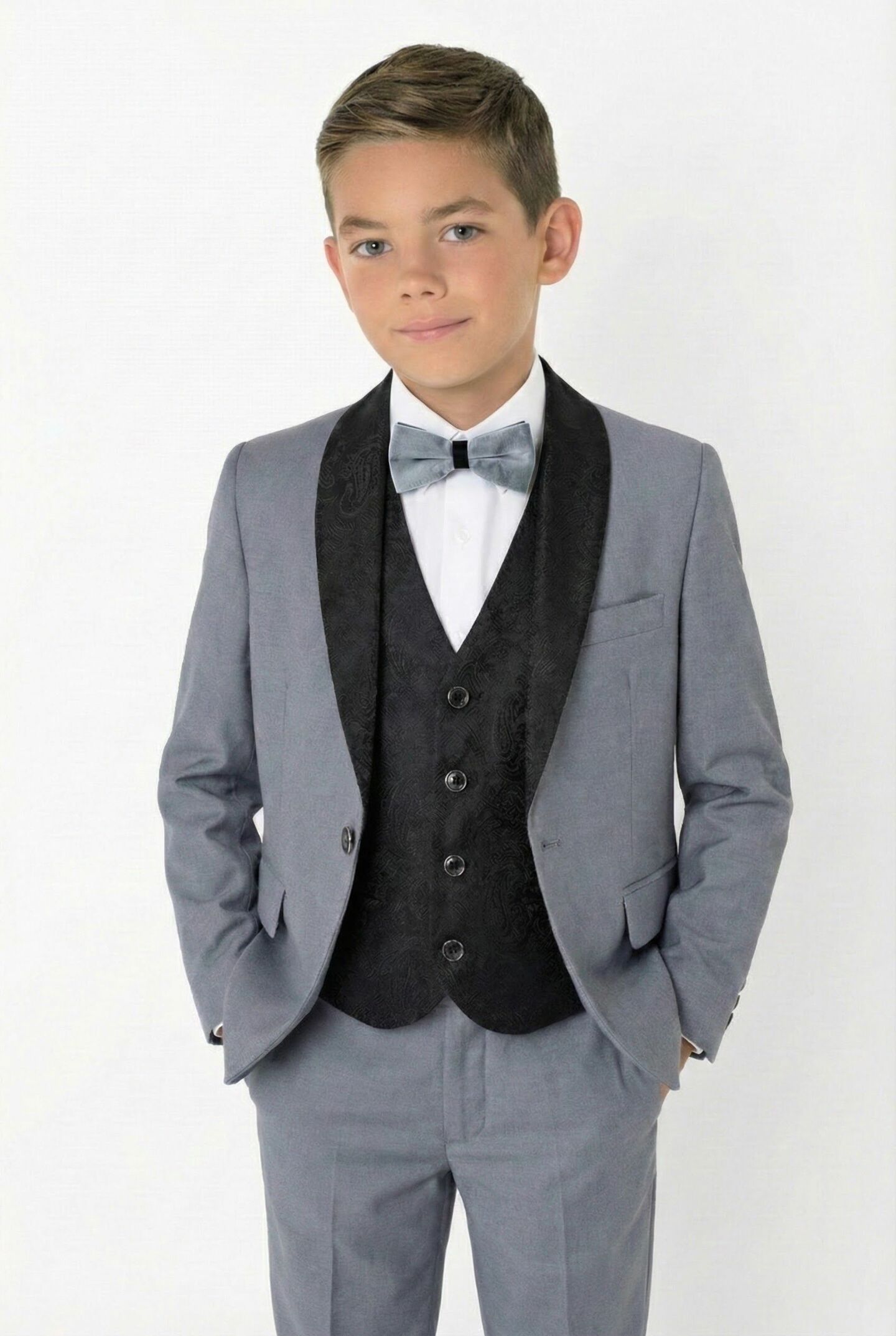 Ricardo Grey Boys 3-Piece Tuxedo Suit with Black Paisley Shawl Lapel & Waistcoat | Lucy's