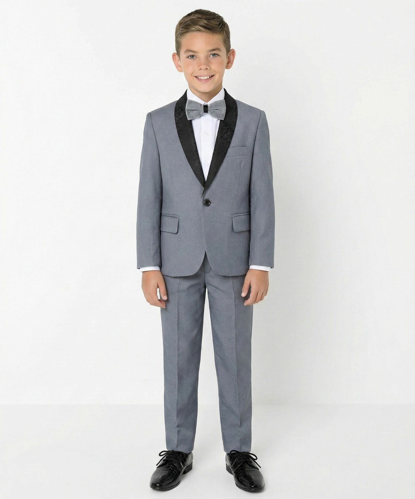 Ricardo Grey Boys 3-Piece Tuxedo Suit with Black Paisley Shawl Lapel & Waistcoat | Lucy's