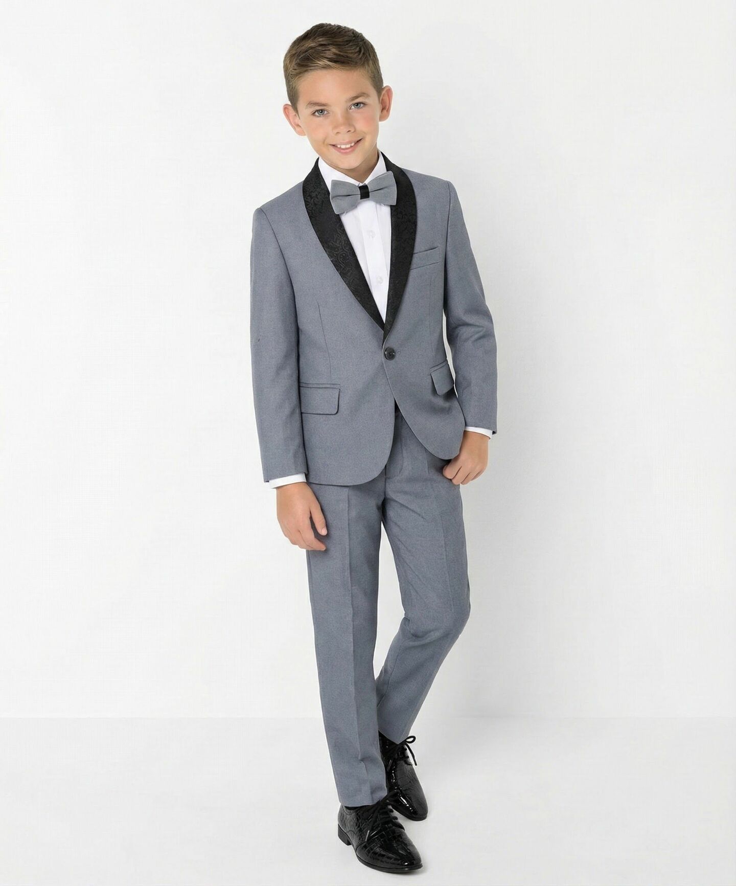 Ricardo Grey Boys 2-Piece Tuxedo Suit with Black Paisley Shawl Lapel – Jacket & Trousers | Lucy's