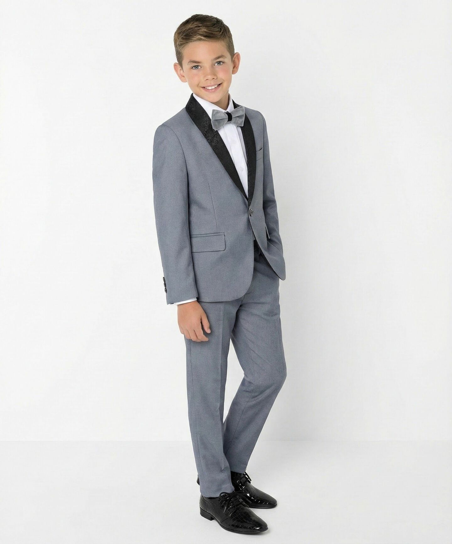Ricardo Grey Boys 2-Piece Tuxedo Suit with Black Paisley Shawl Lapel – Jacket & Trousers | Lucy's