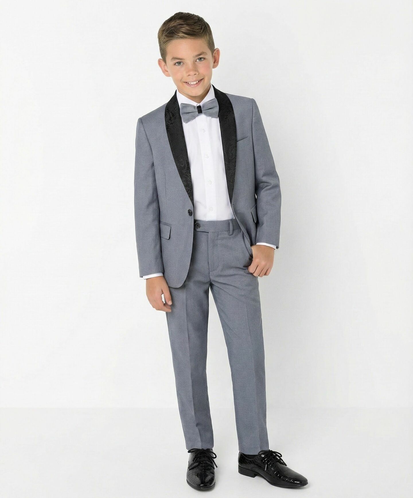 Ricardo Grey Boys 2-Piece Tuxedo Suit with Black Paisley Shawl Lapel – Jacket & Trousers | Lucy's