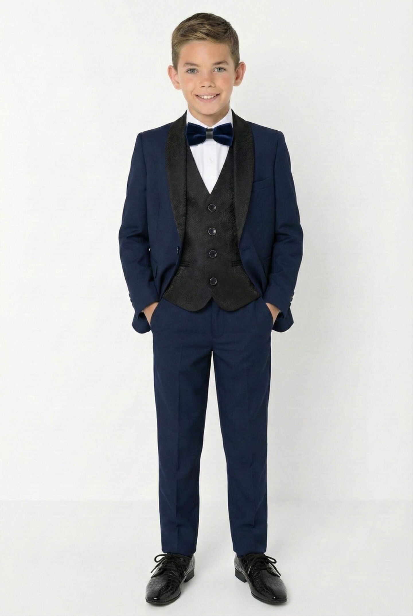 Marseille Navy Boys 3-Piece Tuxedo Suit with Black Paisley Shawl Lapel & Waistcoat | Lucy's