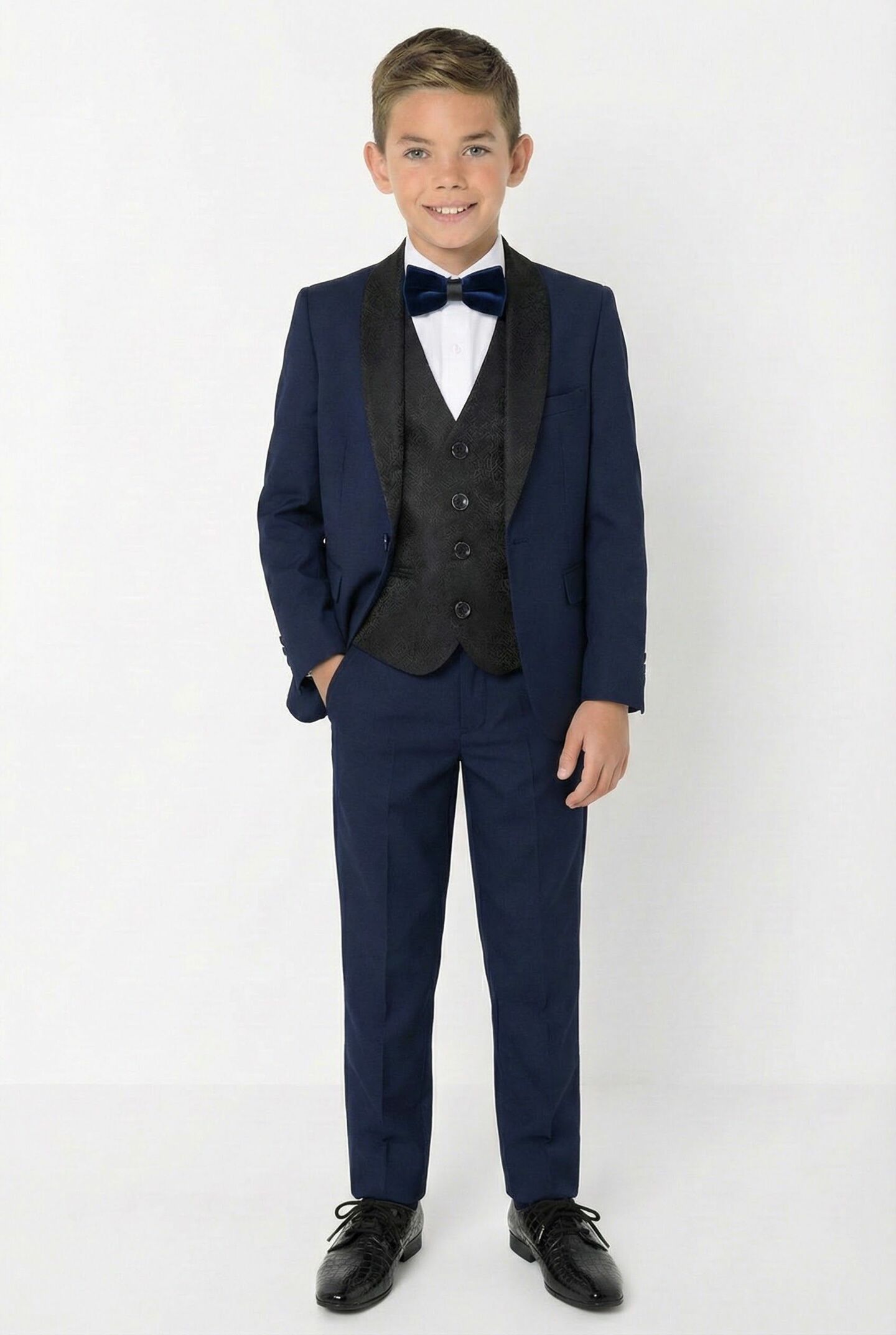 Marseille Navy Boys 3-Piece Tuxedo Suit with Black Paisley Shawl Lapel & Waistcoat | Lucy's