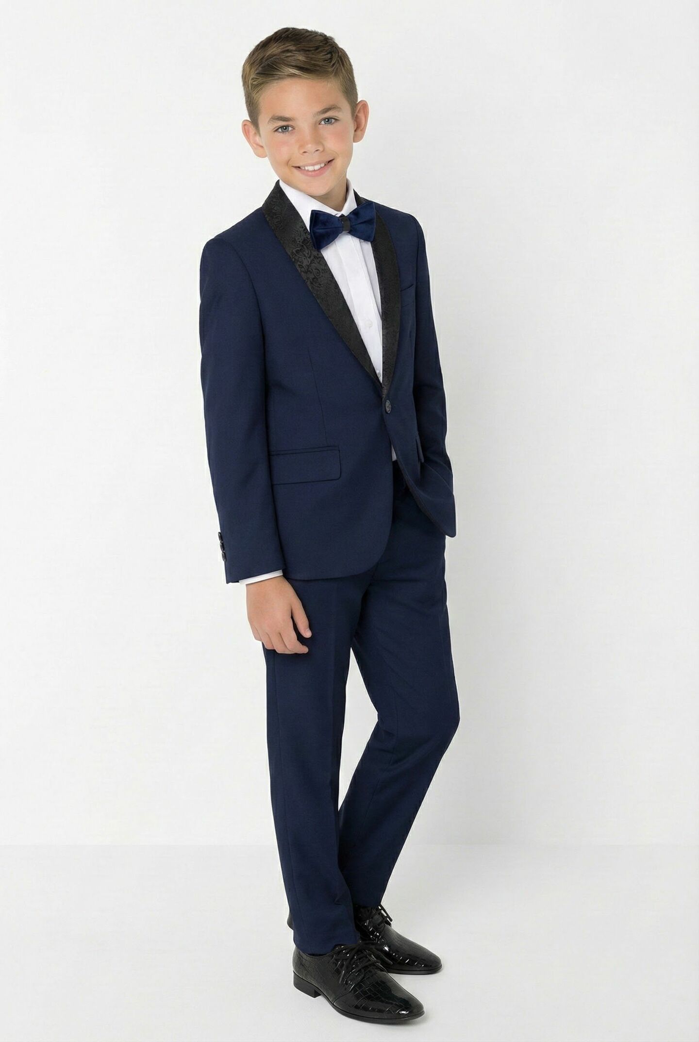 Marseille Navy Boys 3-Piece Tuxedo Suit with Black Paisley Shawl Lapel & Waistcoat | Lucy's