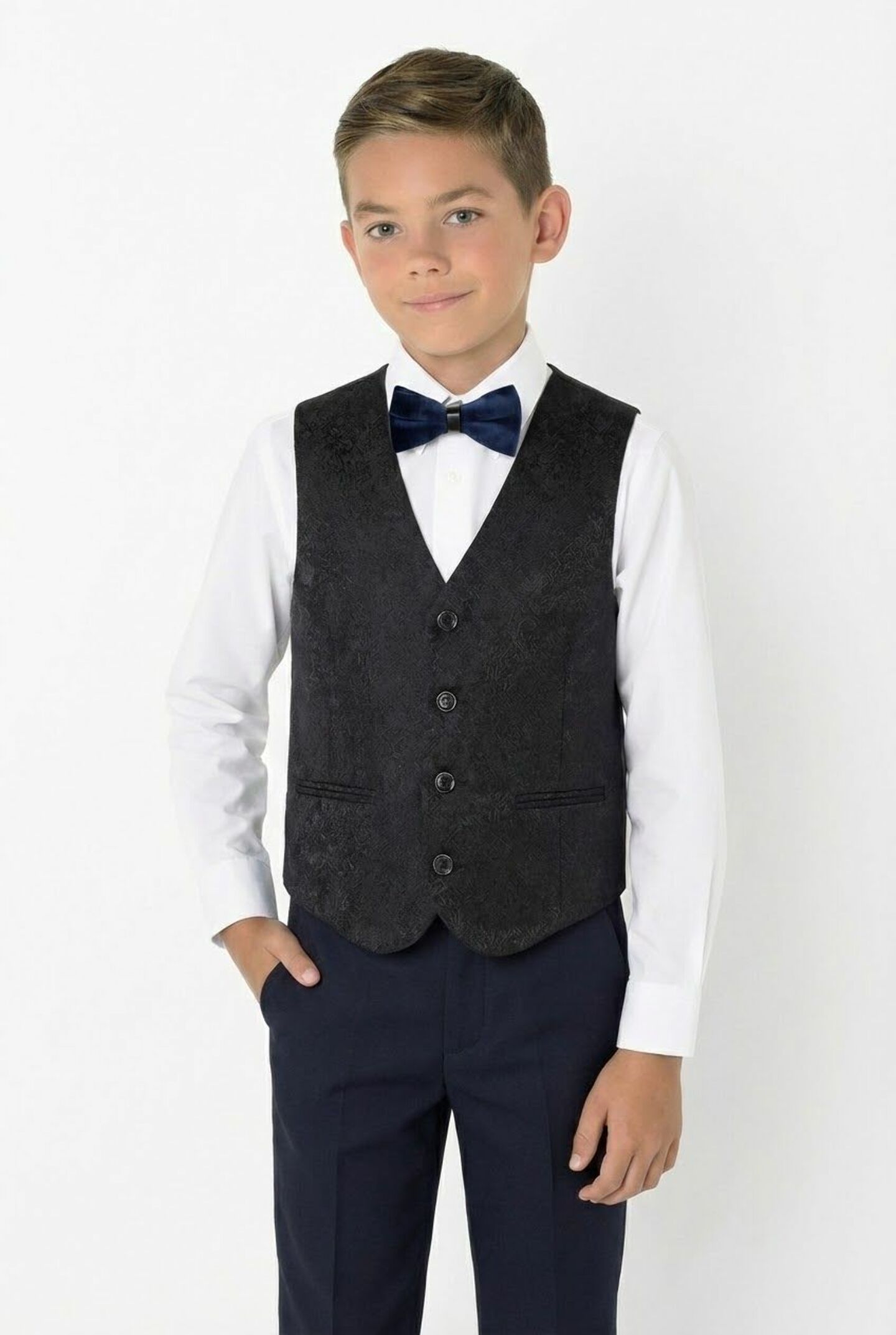 Marseille Navy Boys 3-Piece Tuxedo Suit with Black Paisley Shawl Lapel & Waistcoat | Lucy's
