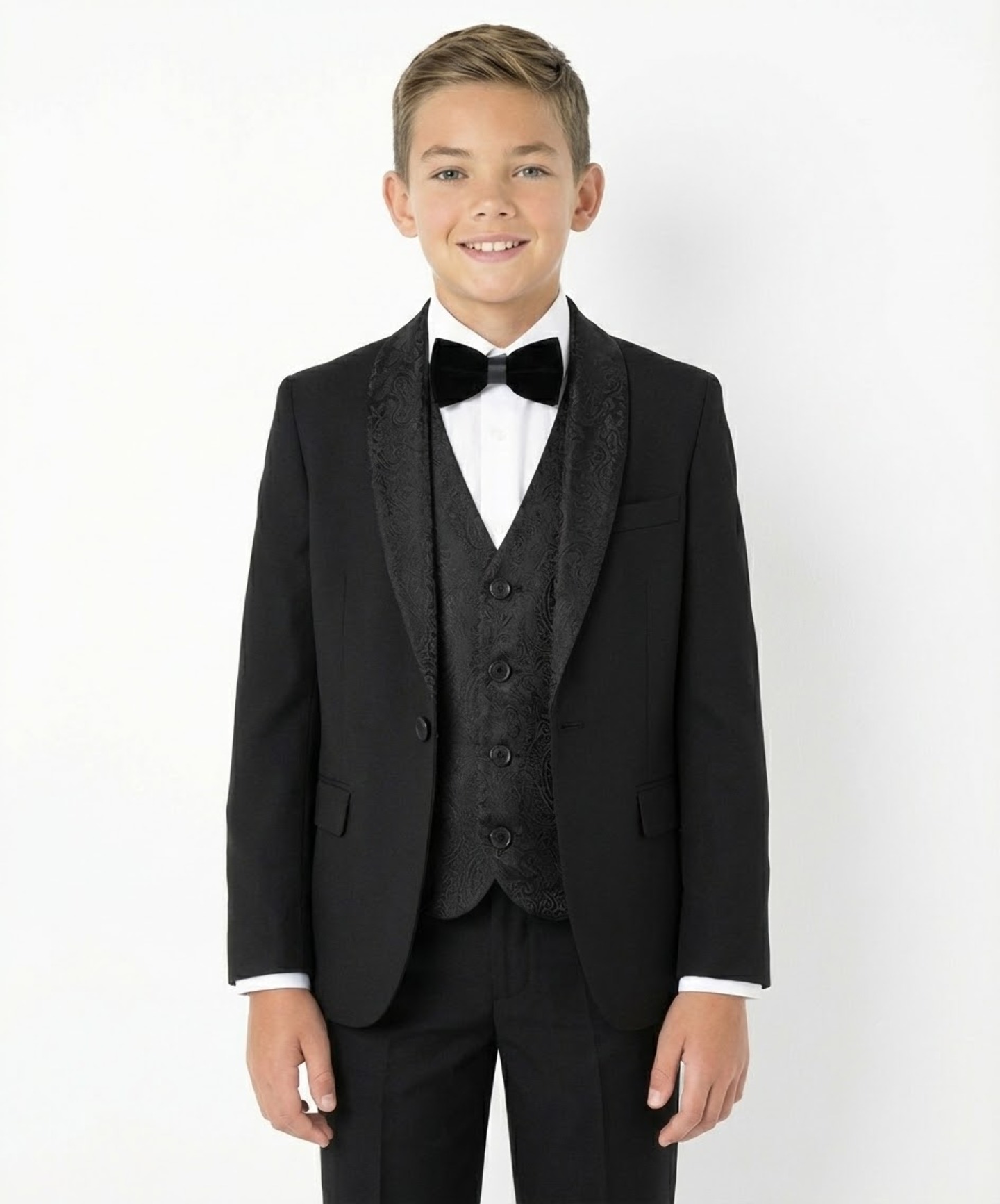 Vincent Black Boys 3-Piece Tuxedo Suit with Black Paisley Shawl Lapel & Waistcoat | Lucy's
