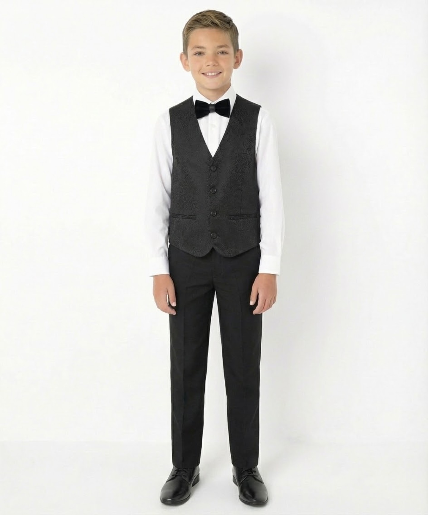 Vincent Black Boys 3-Piece Tuxedo Suit with Black Paisley Shawl Lapel & Waistcoat | Lucy's