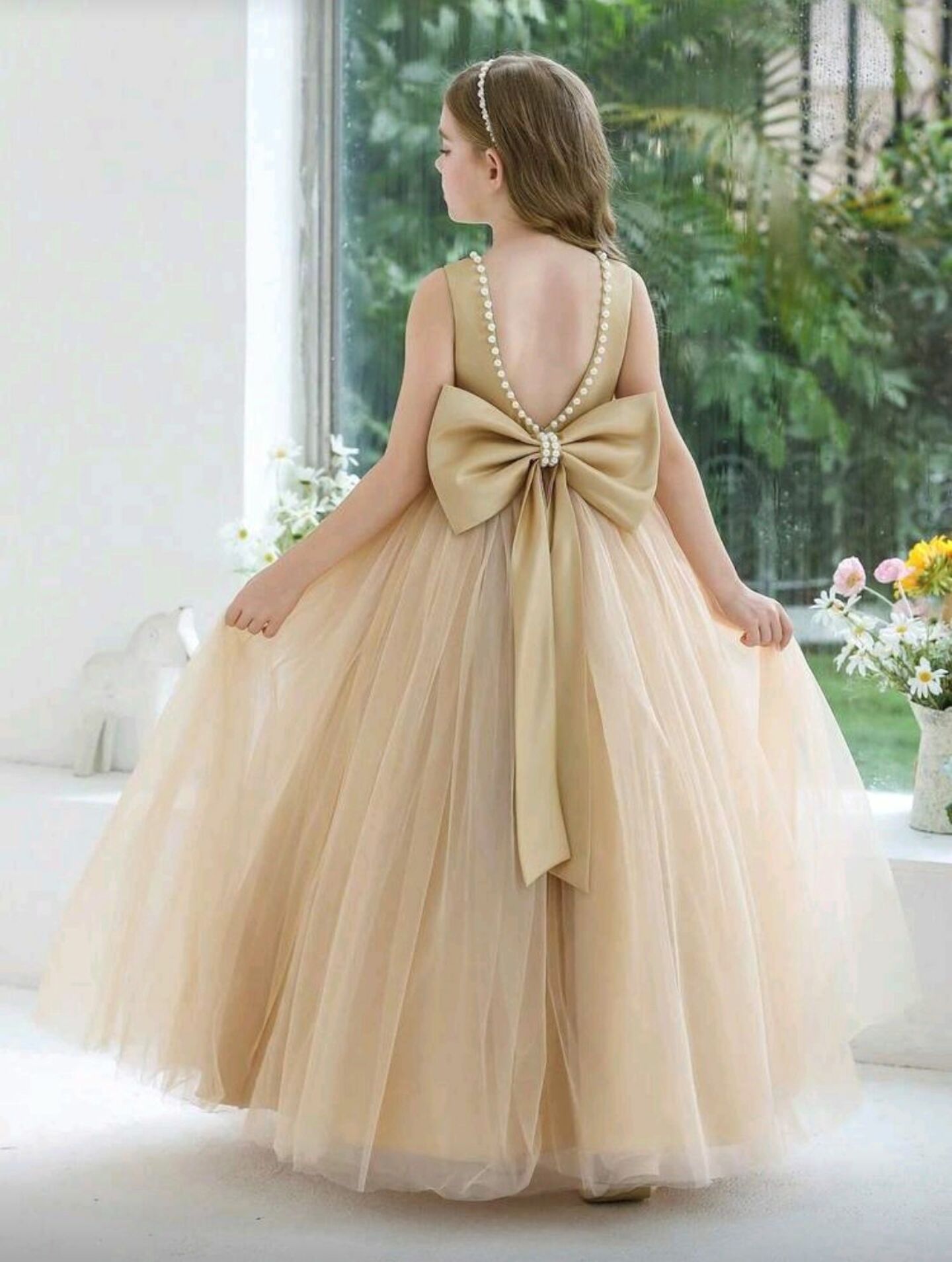 Aurelia Beige/Khaki Pearl Beaded Satin & Tulle Ball Gown with Statement Bow | Lucys