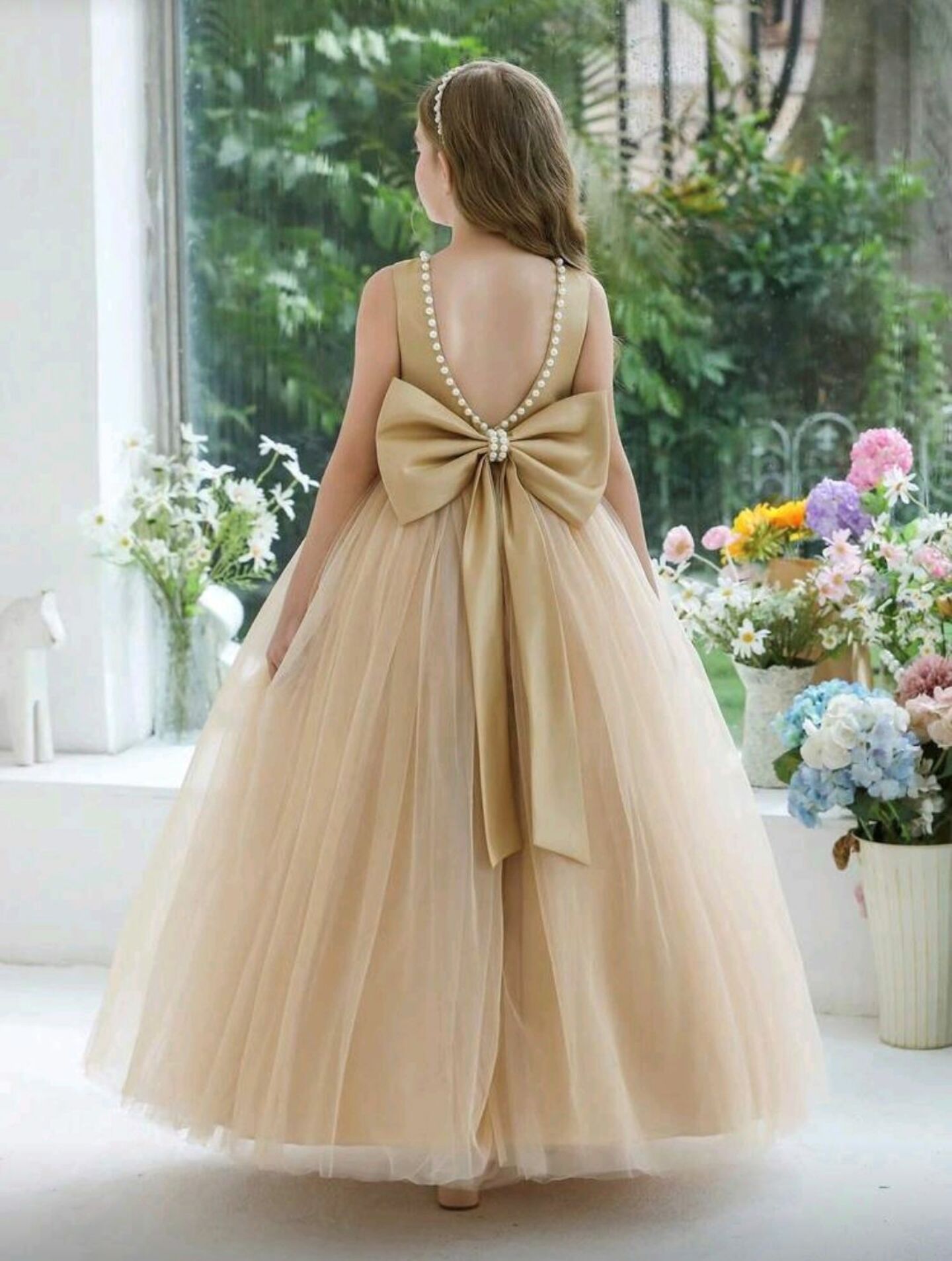 Aurelia Beige/Khaki Pearl Beaded Satin & Tulle Ball Gown with Statement Bow | Lucys