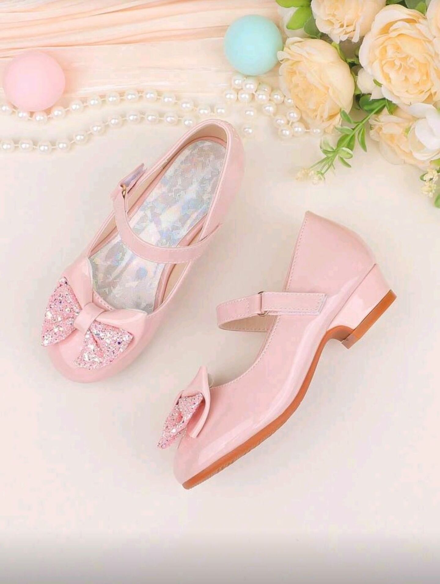 Pink Patent Ankle Strap Low Heel Shoes with Glitter Bow | Lucys