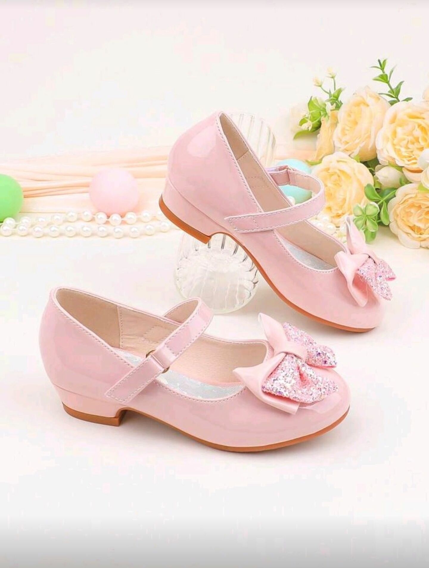 Pink Patent Ankle Strap Low Heel Shoes with Glitter Bow | Lucys