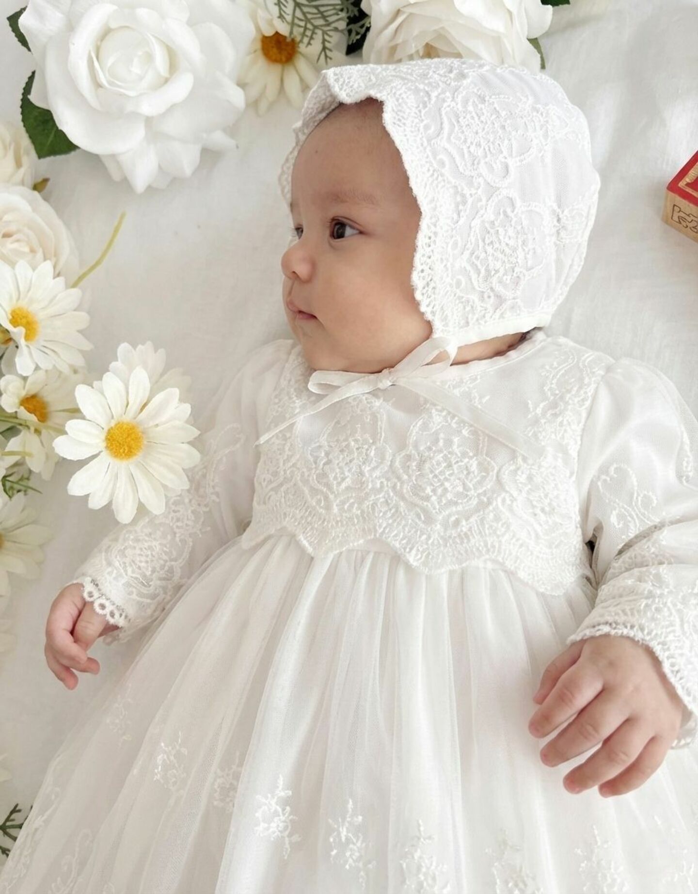 Jane White Lace Baby Christening Dress & Bonnet Set | Lucys