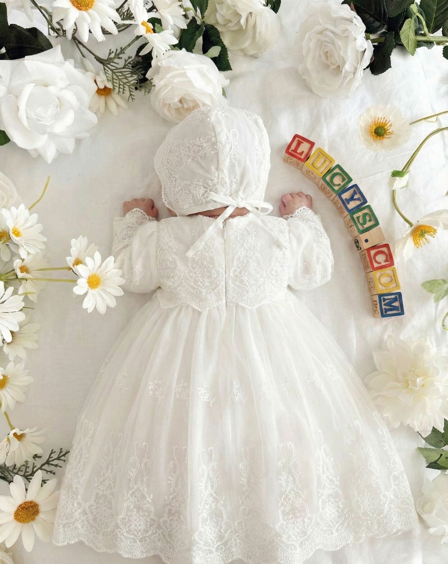 Jane White Lace Baby Christening Dress & Bonnet Set | Lucys