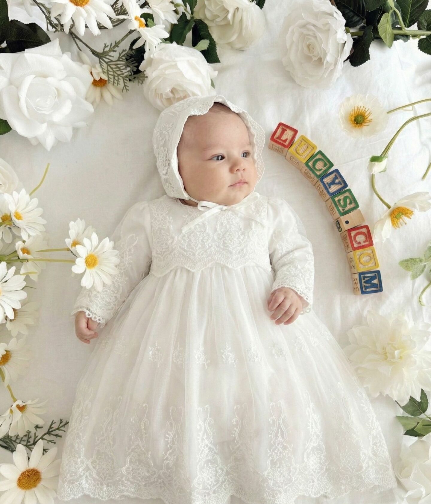 Jane White Lace Baby Christening Dress & Bonnet Set | Lucys